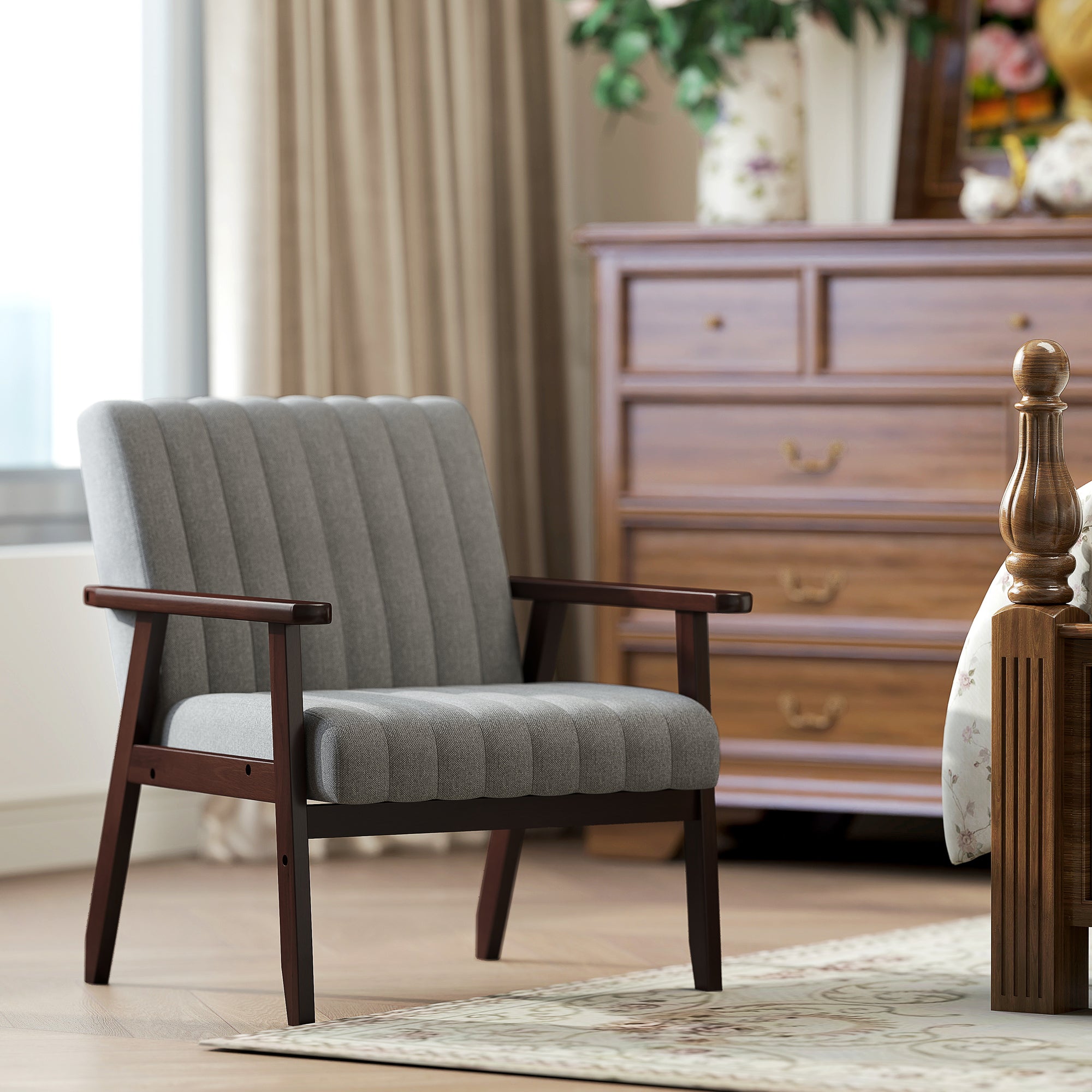 Fabric Bedroom Armchair, Upholstered Chair with Wooden Armrests and Tubular Stitching, Gray