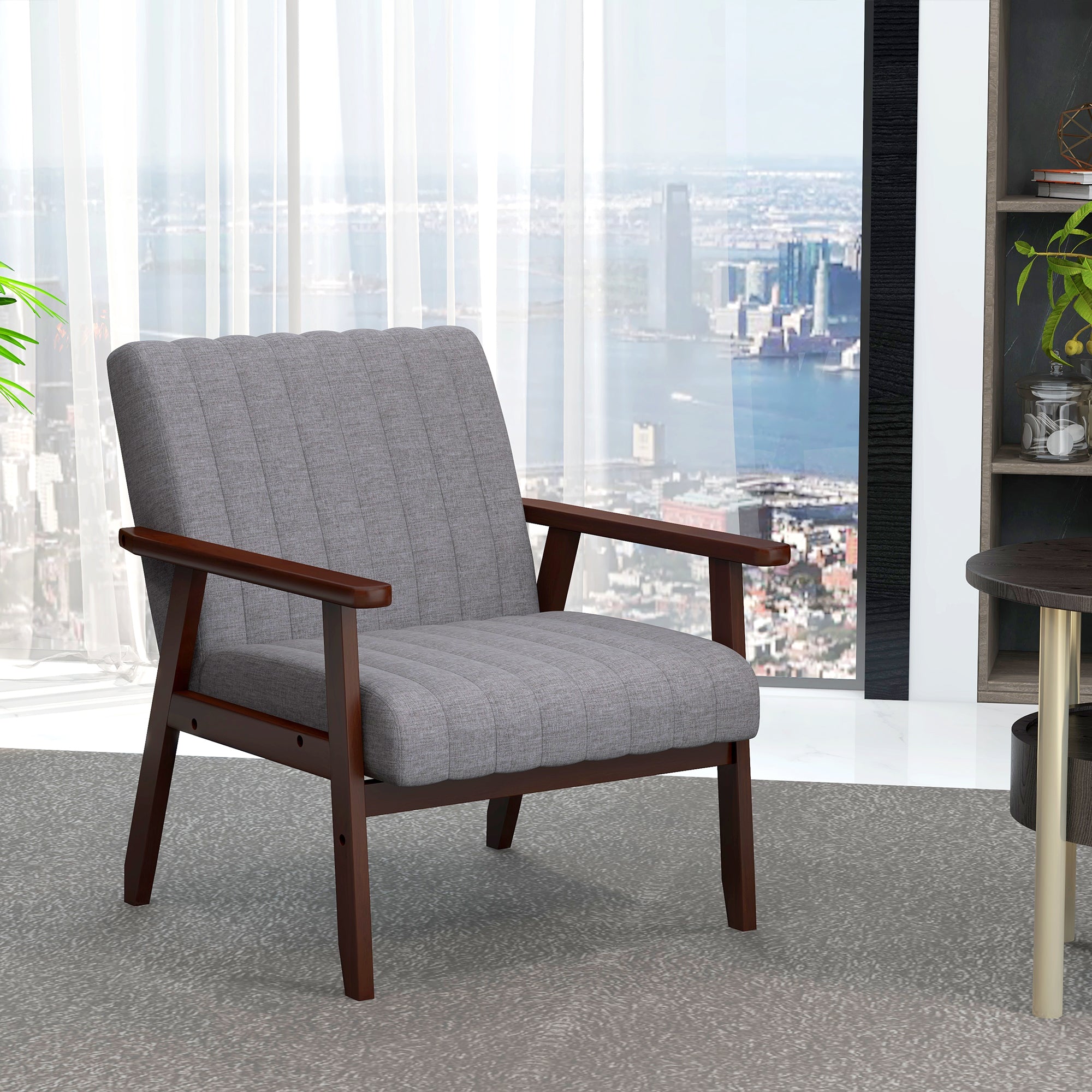 Fabric Bedroom Armchair, Upholstered Chair with Wooden Armrests and Tubular Stitching, Gray