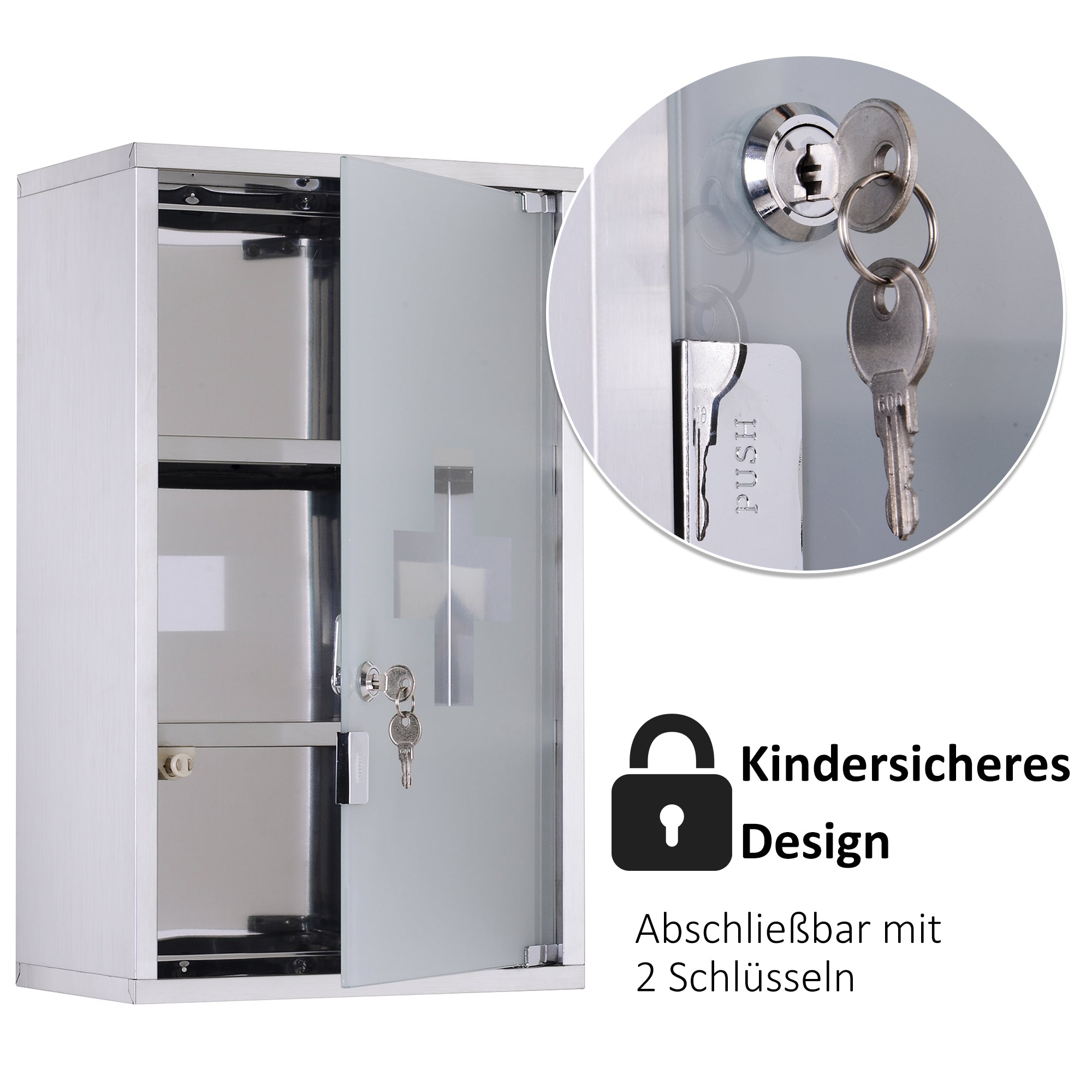 Medicine Cabinet Stainless Steel, Lockable Medication Cabinet with 3 Compartments, Glass Door Apothecary Cabinet for Medication Storage, 30 x 18 x 50 cm