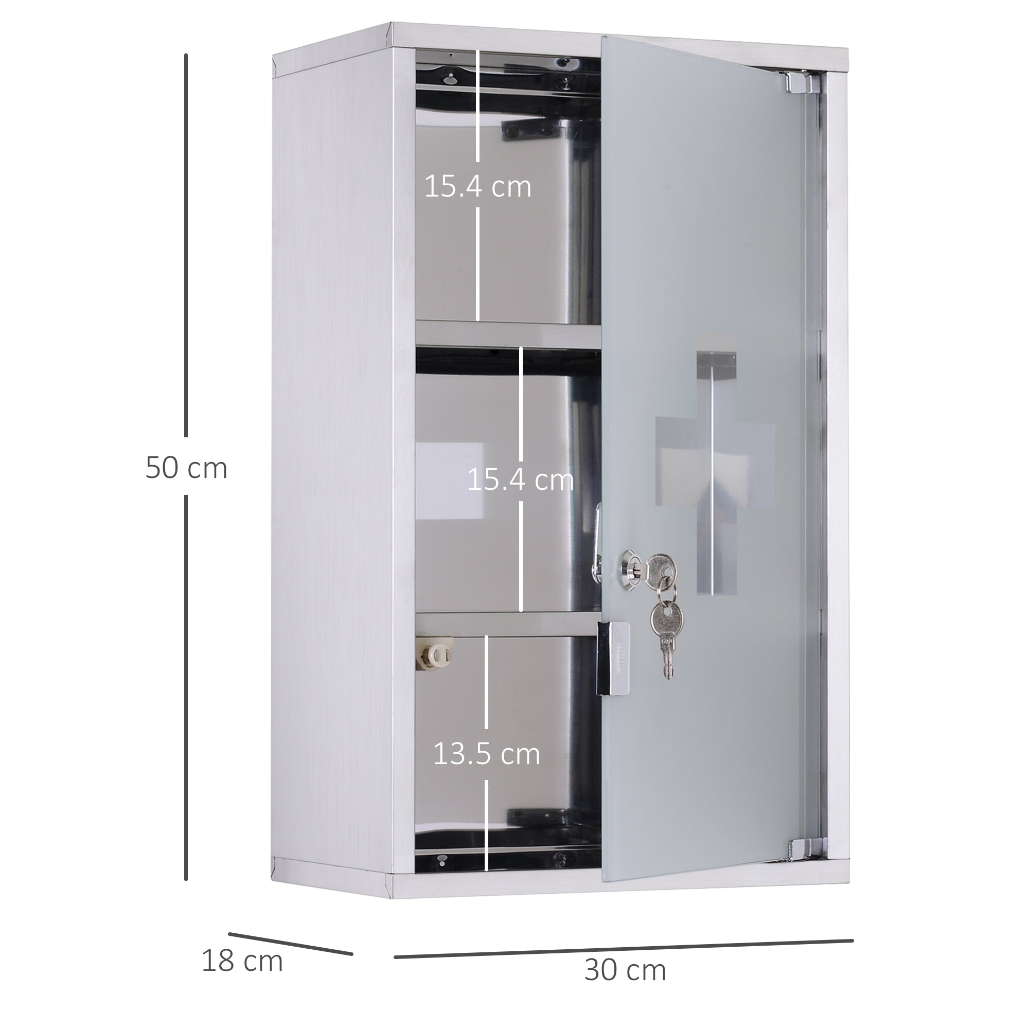 Medicine Cabinet Stainless Steel, Lockable Medication Cabinet with 3 Compartments, Glass Door Apothecary Cabinet for Medication Storage, 30 x 18 x 50 cm