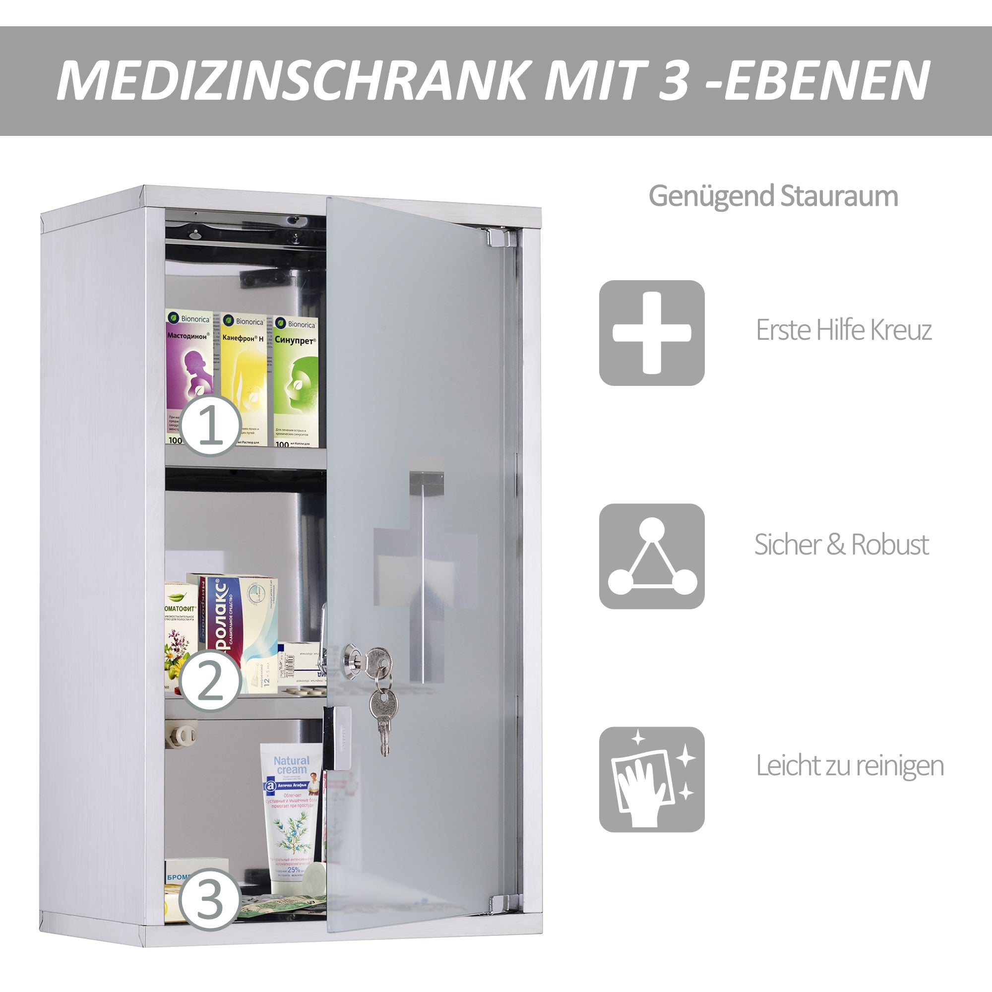 Medicine Cabinet Stainless Steel, Lockable Medication Cabinet with 3 Compartments, Glass Door Apothecary Cabinet for Medication Storage, 30 x 18 x 50 cm