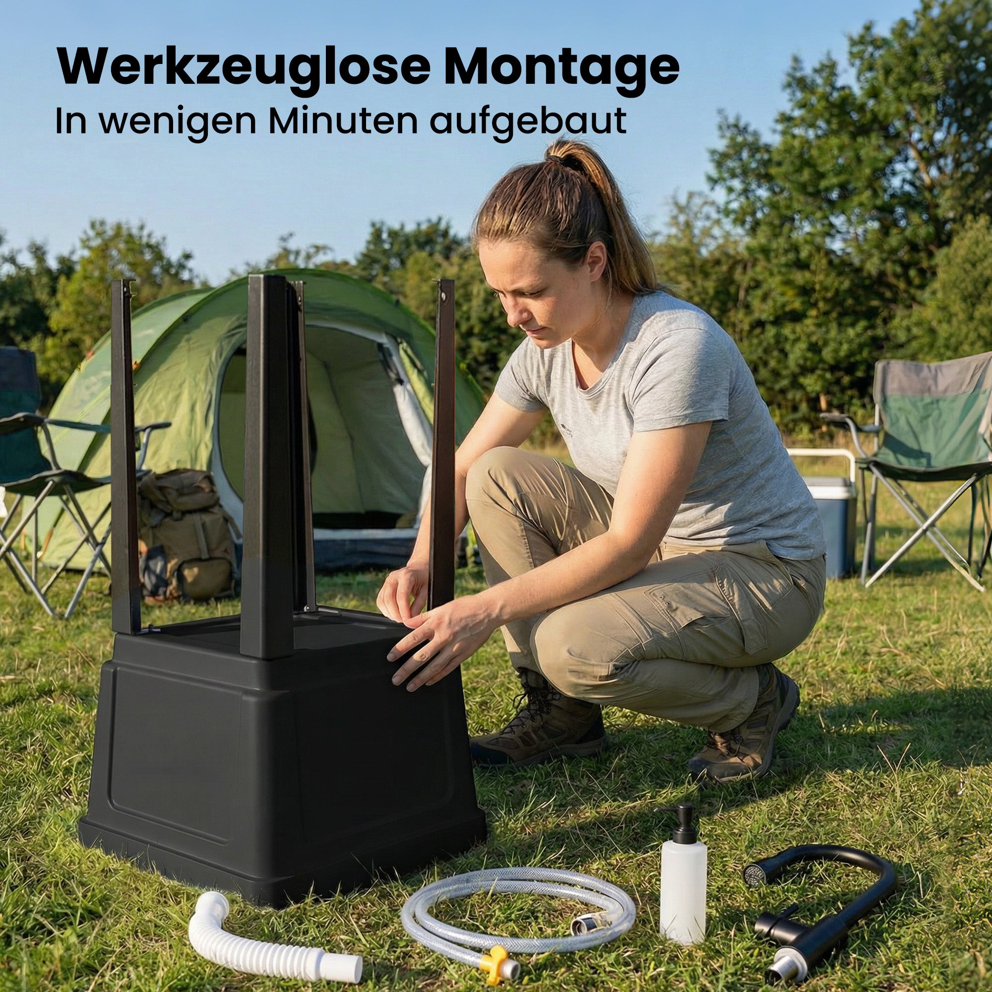 Portable Camping Sink with Faucet and 300 ml Soap Dispenser, Inlet & Drain Hoses — Mobile Outdoor Wash Station, Black