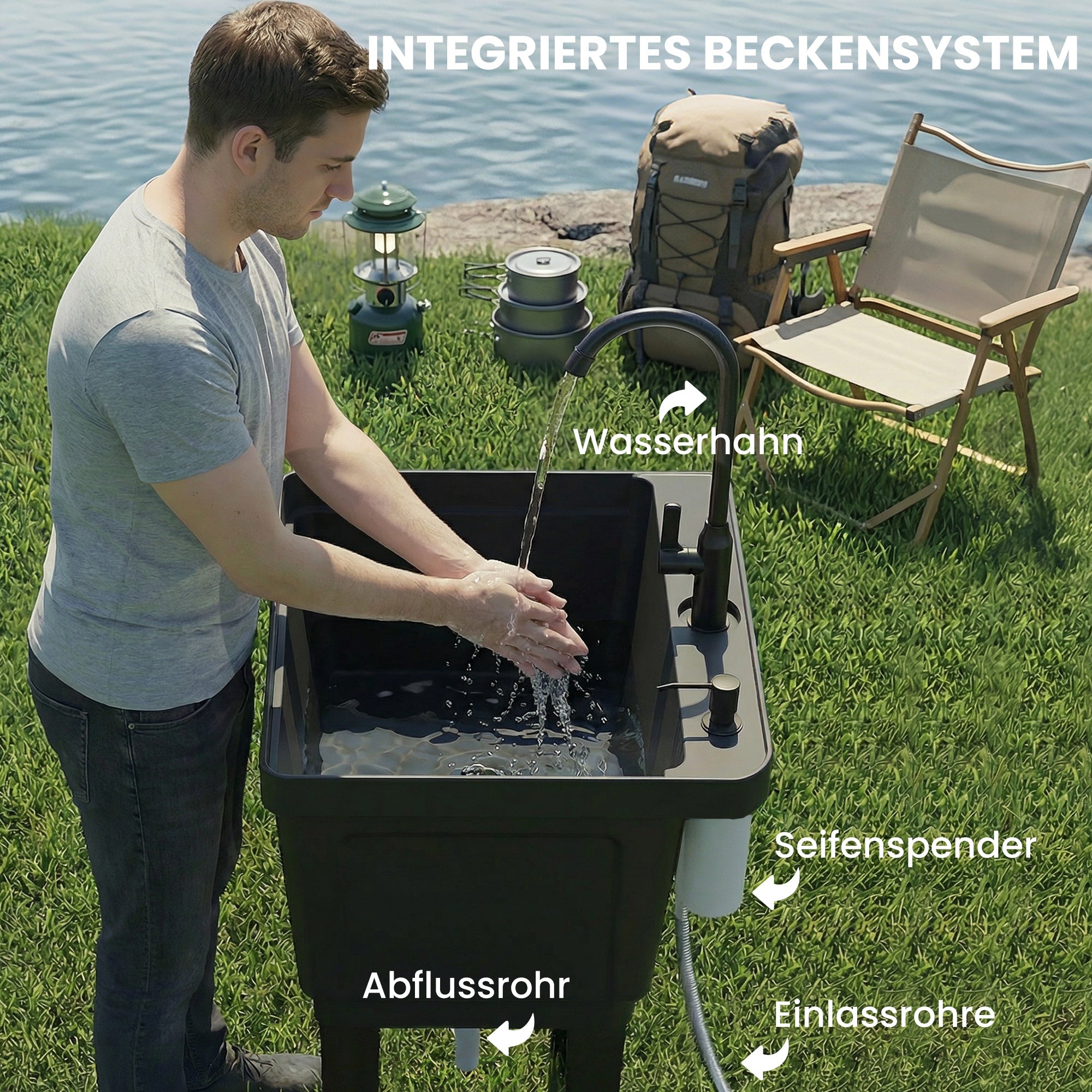 Portable Camping Sink with Faucet and 300 ml Soap Dispenser, Inlet & Drain Hoses — Mobile Outdoor Wash Station, Black