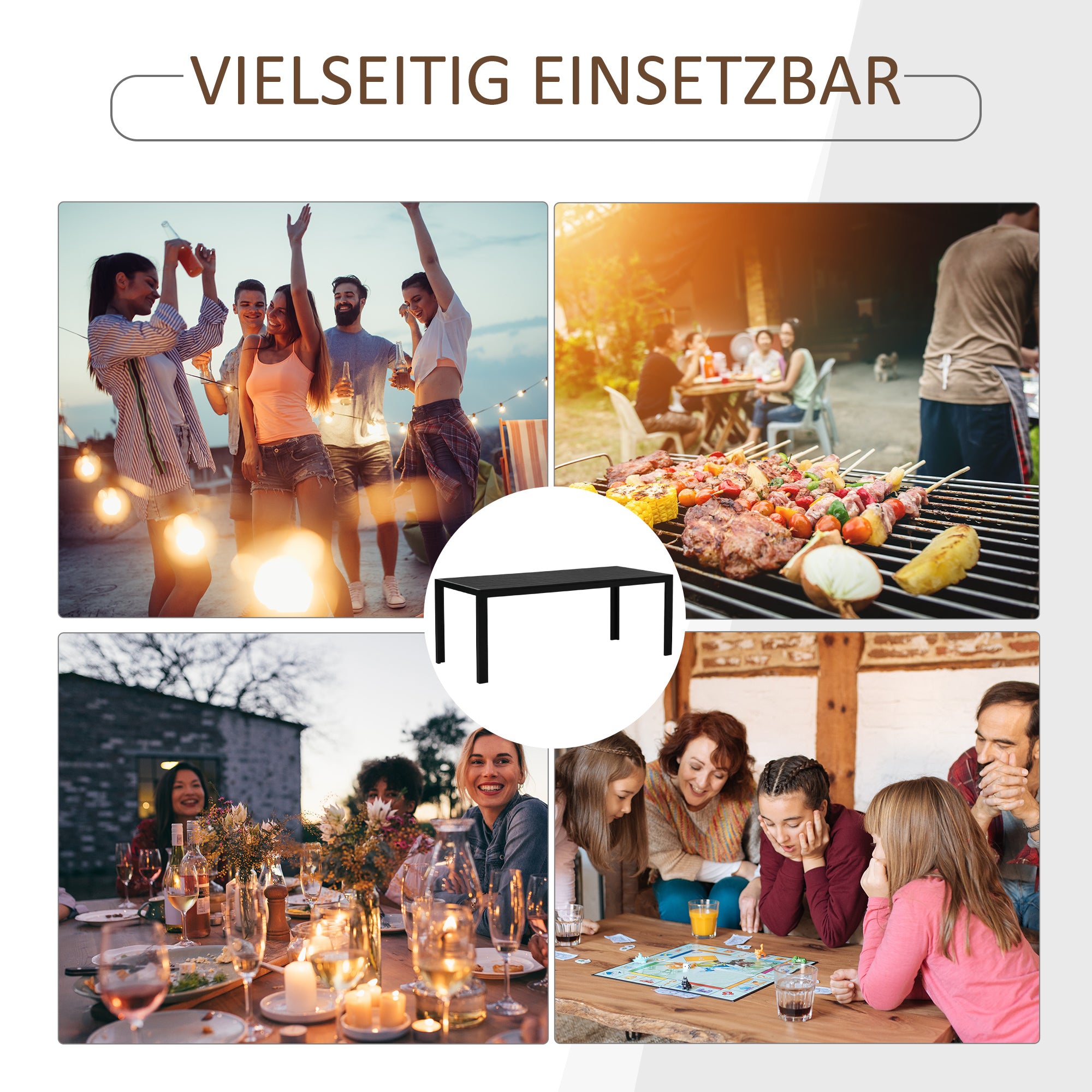 Garden Table Plastic 190 x 84.5 x 72 cm Weatherproof, Wood Look, Wood Structure, Non-Slip Buffet Table Camping Table Balcony Table Terrace Table Outdoor Dining Table for Garden, Balcony Black