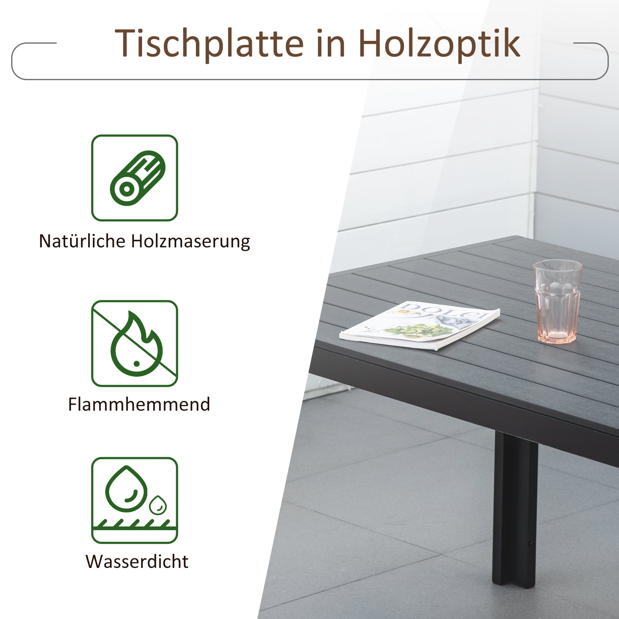 Garden Table Plastic 190 x 84.5 x 72 cm Weatherproof, Wood Look, Wood Structure, Non-Slip Buffet Table Camping Table Balcony Table Terrace Table Outdoor Dining Table for Garden, Balcony Black