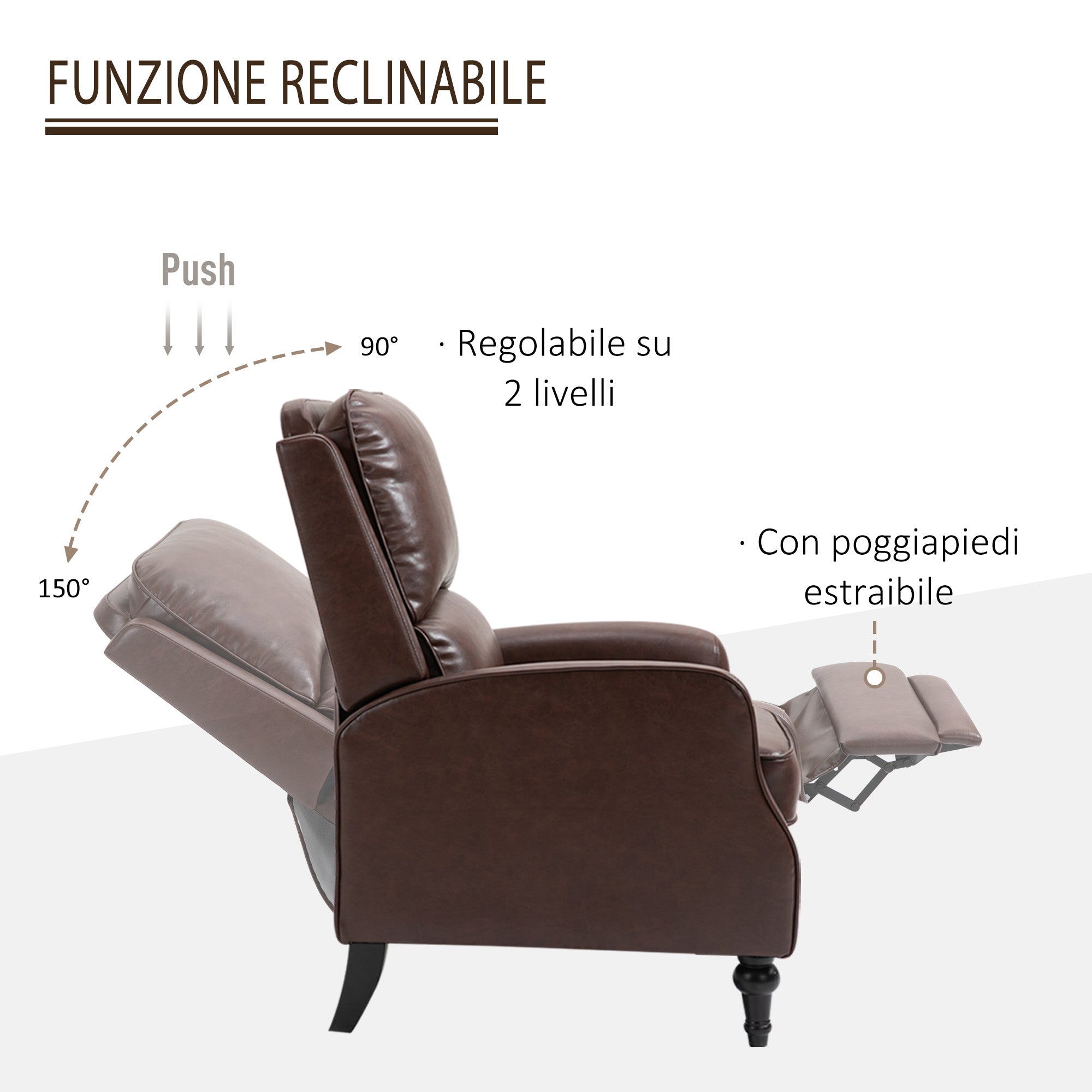 Manual Recliner Armchair with 90° and 150° Recline for TV, Living Room, Bedroom, Modern Design in Leather 73x86x104cm