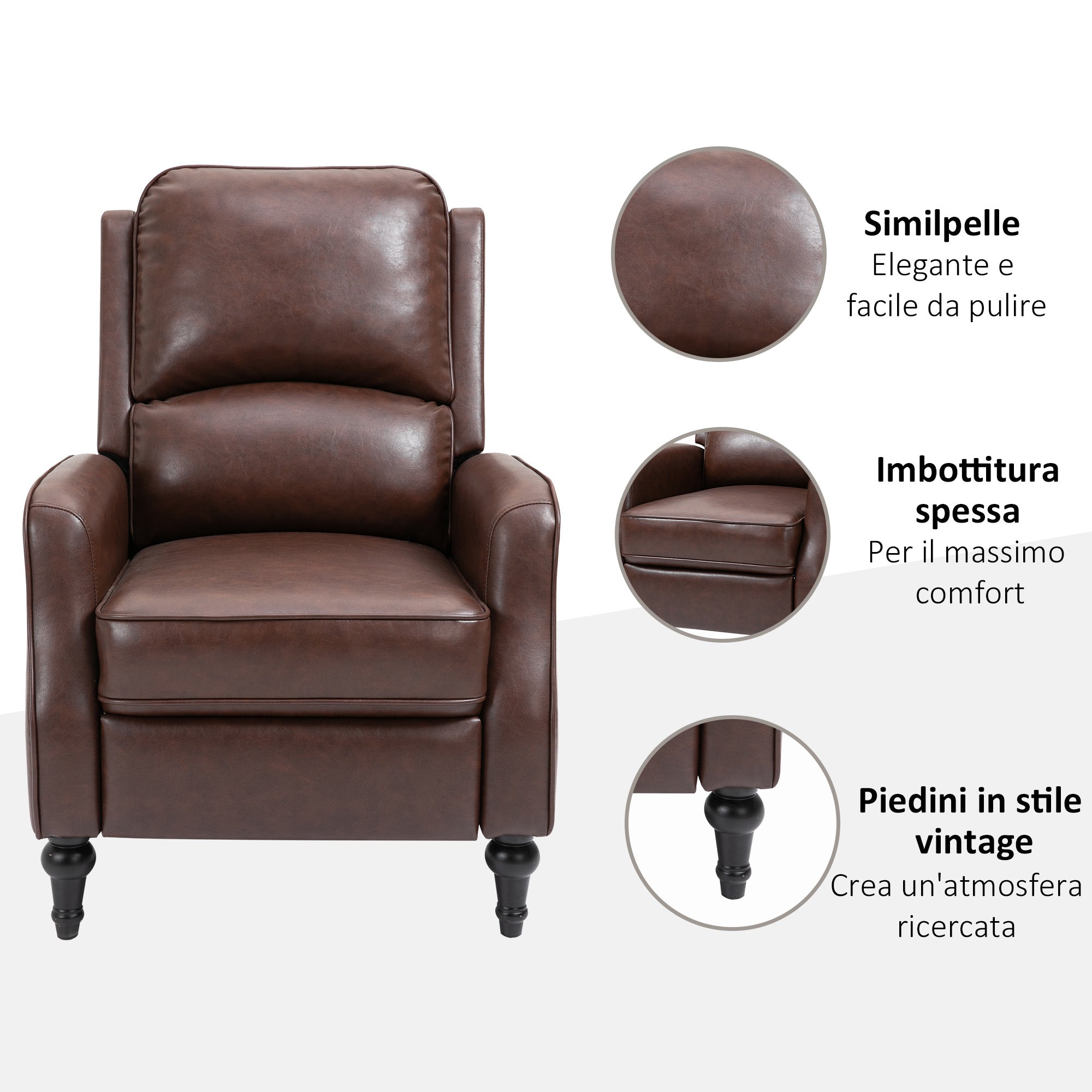 Manual Recliner Armchair with 90° and 150° Recline for TV, Living Room, Bedroom, Modern Design in Leather 73x86x104cm