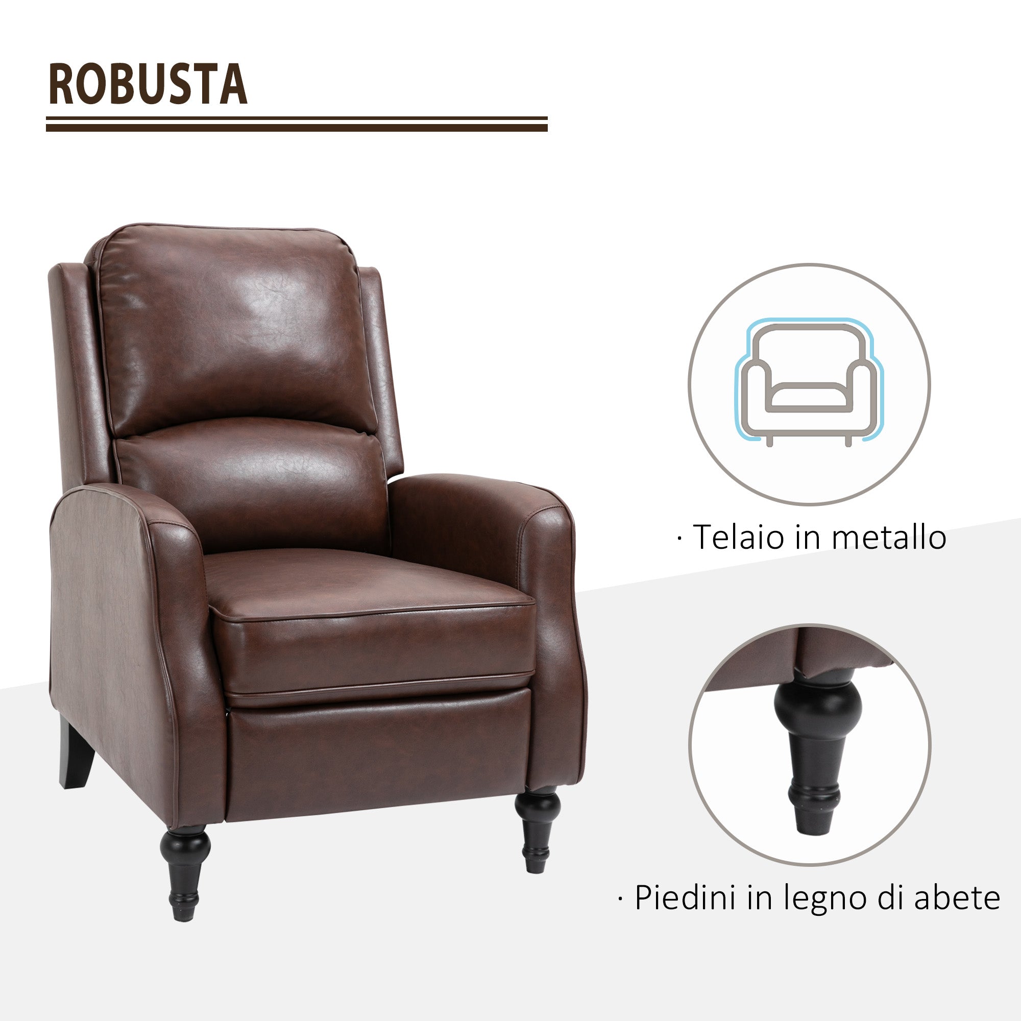 Manual Recliner Armchair with 90° and 150° Recline for TV, Living Room, Bedroom, Modern Design in Leather 73x86x104cm