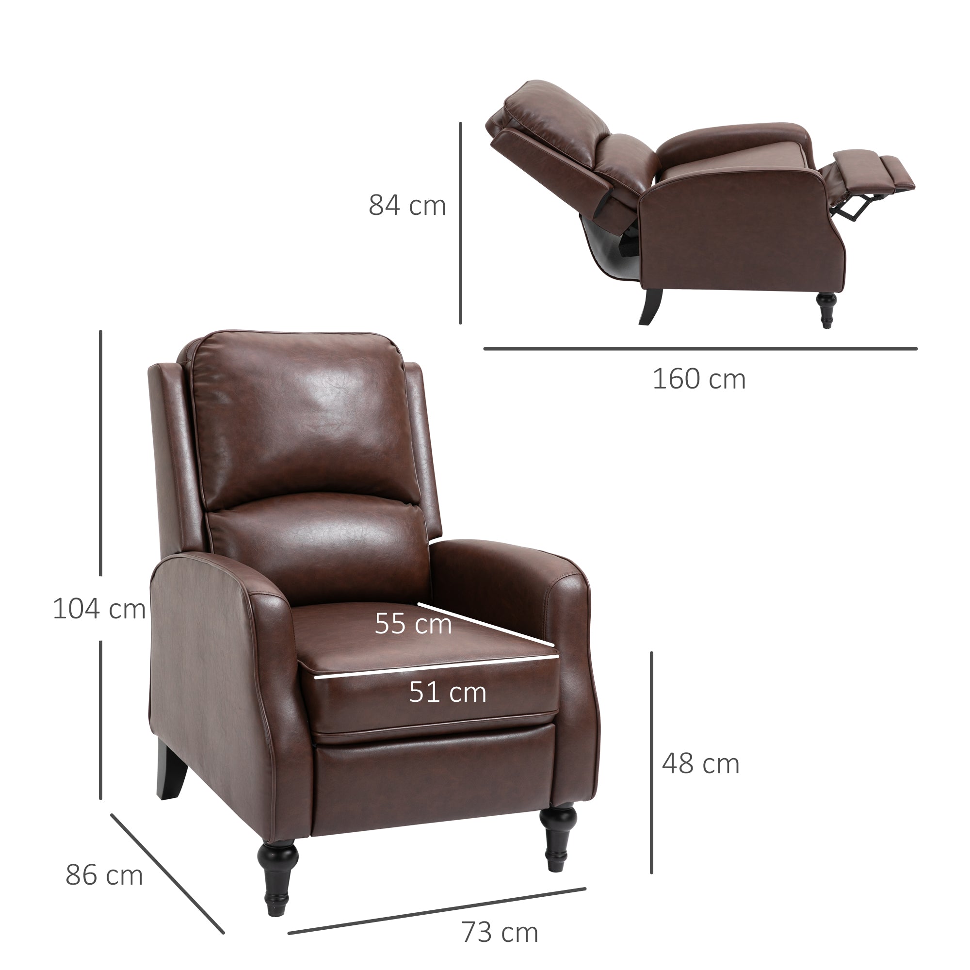 Manual Recliner Armchair with 90° and 150° Recline for TV, Living Room, Bedroom, Modern Design in Leather 73x86x104cm