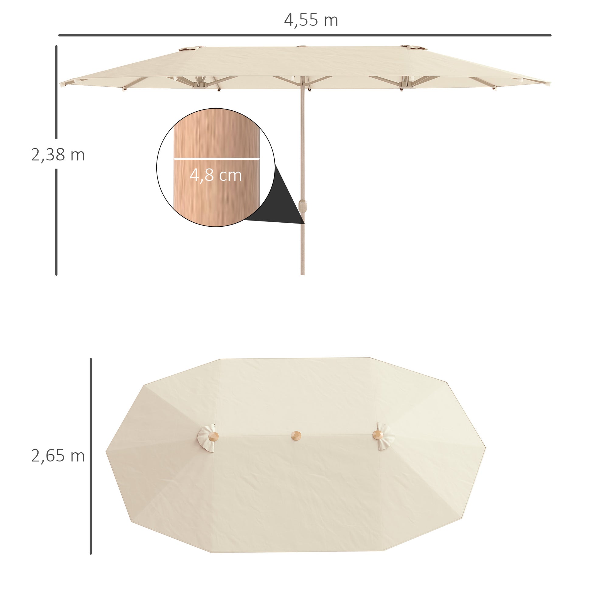 Double Parasol 4.55x2.65m Outdoor Terrace Umbrella with Manual Crank Water-Resistant and Sun Protection Large Umbrella for Terrace Beach Pool Cream