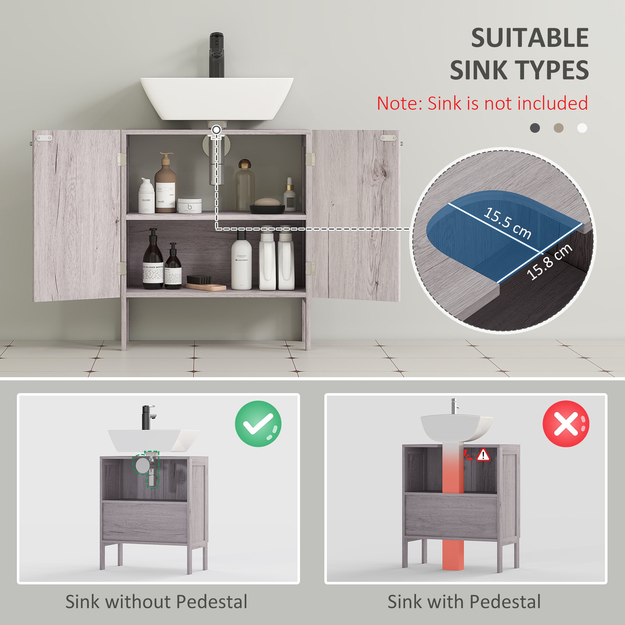 Bathroom Vanity Unit with Sink - Under Sink Cabinet - 2 Doors Cupboard with Shelf - dims. 60L x 30W x 70H cm - Gray Wood Imitation MDF