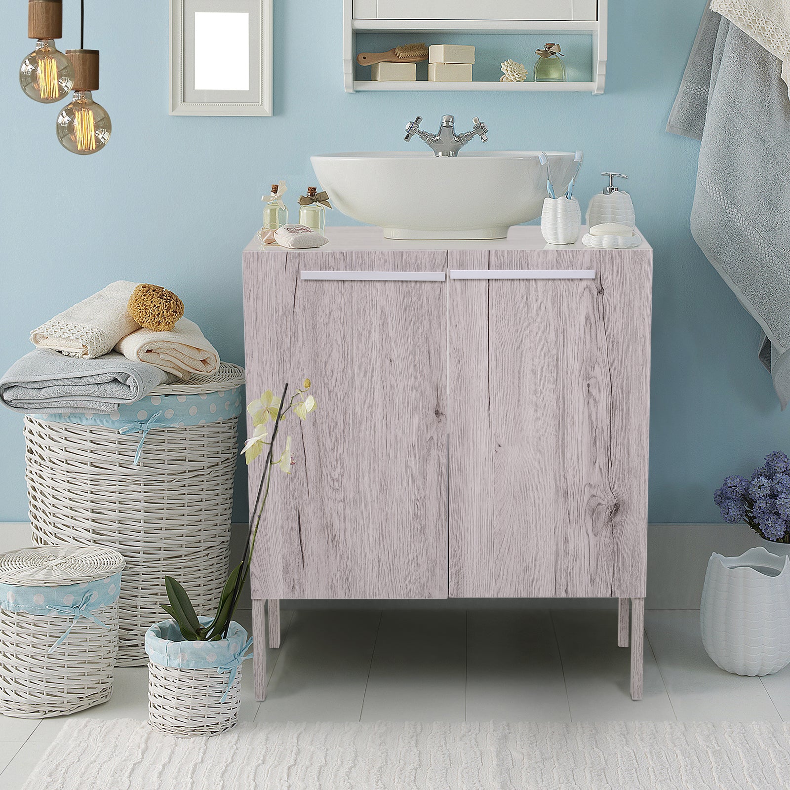 Bathroom Vanity Unit with Sink - Under Sink Cabinet - 2 Doors Cupboard with Shelf - dims. 60L x 30W x 70H cm - Gray Wood Imitation MDF