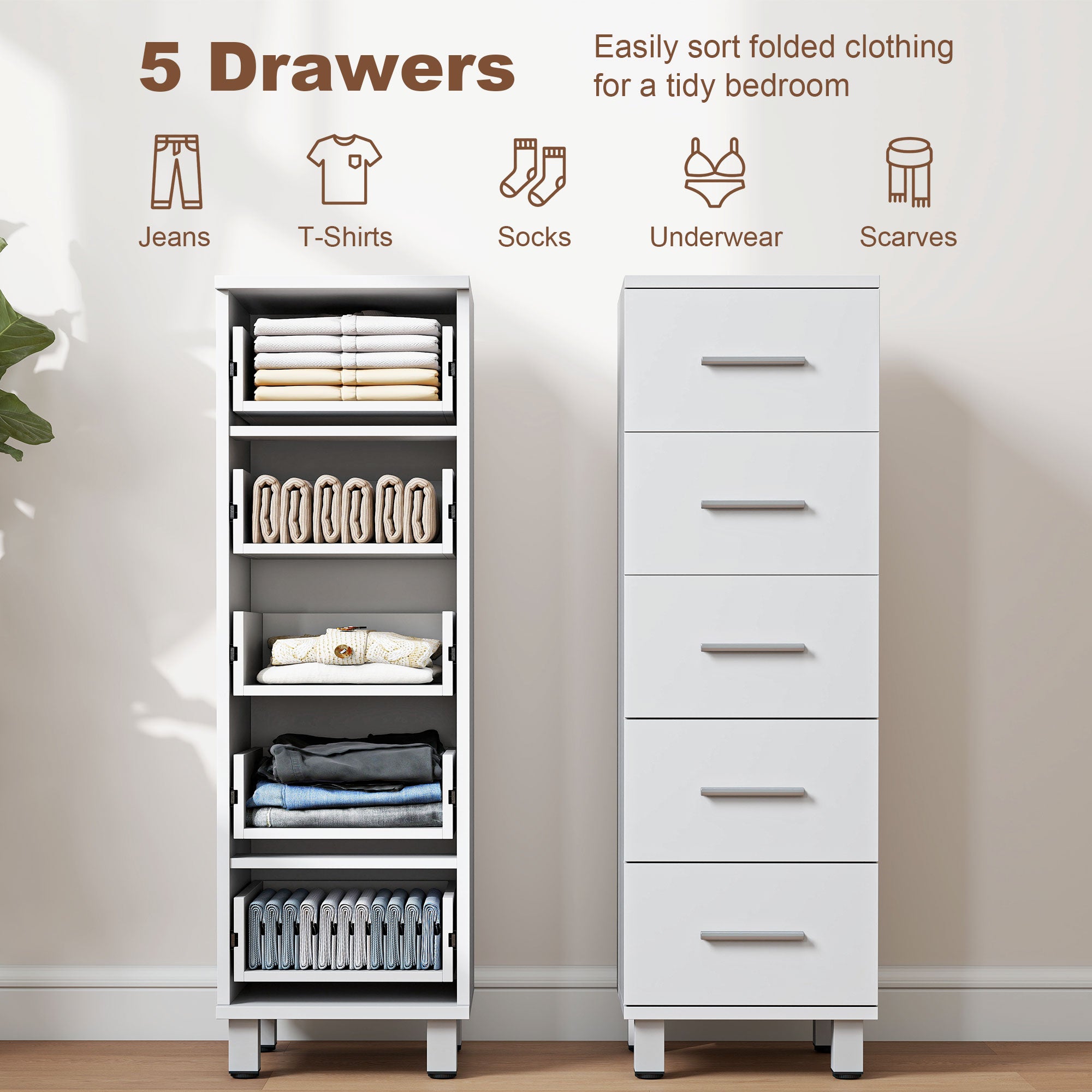 5-Drawer Chest, Narrow Modern Storage Cabinet for Bedroom, Hallway or Living Room, 11.8 x 11.8 x 37.4 in, White