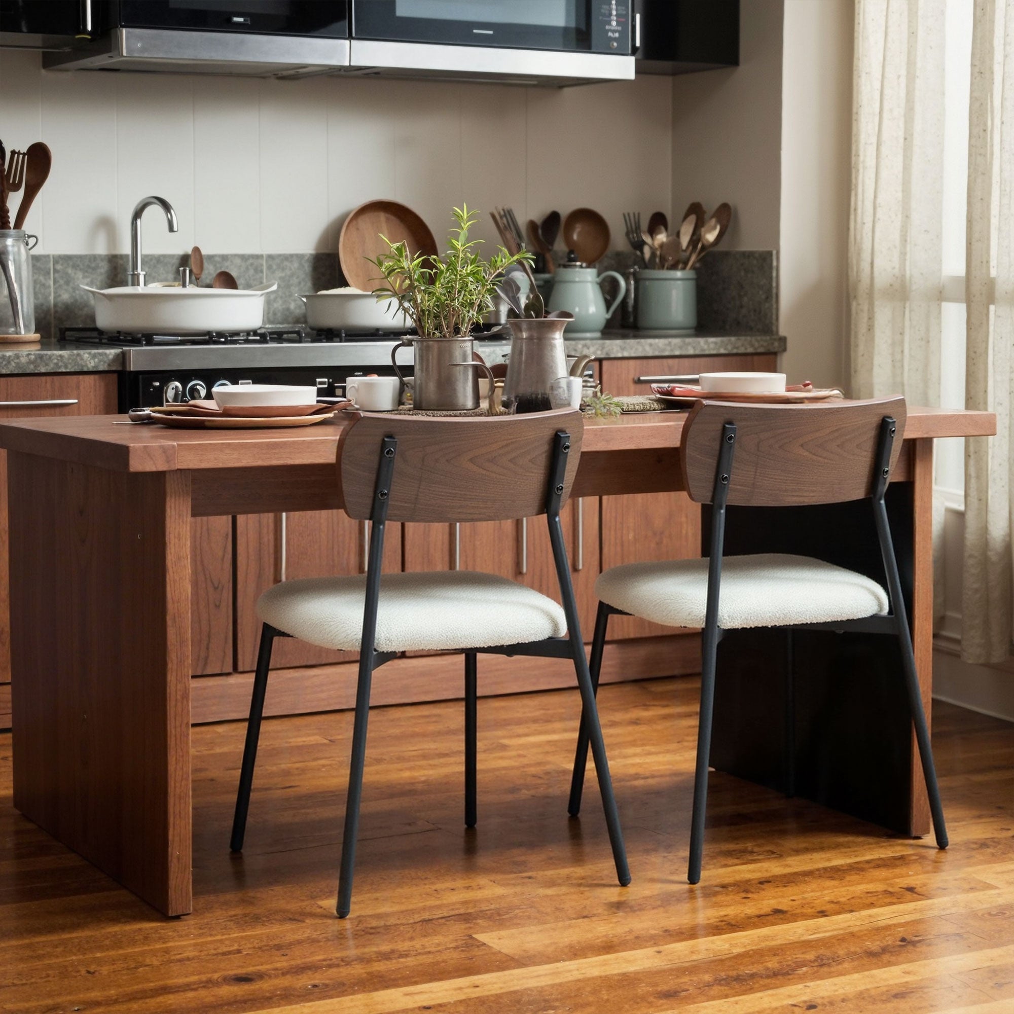 Set of 2 dining chairs vintage kitchen chair upholstered with shaggy seat, curved wood backrest for living room, dining room, bedroom, cream and brown