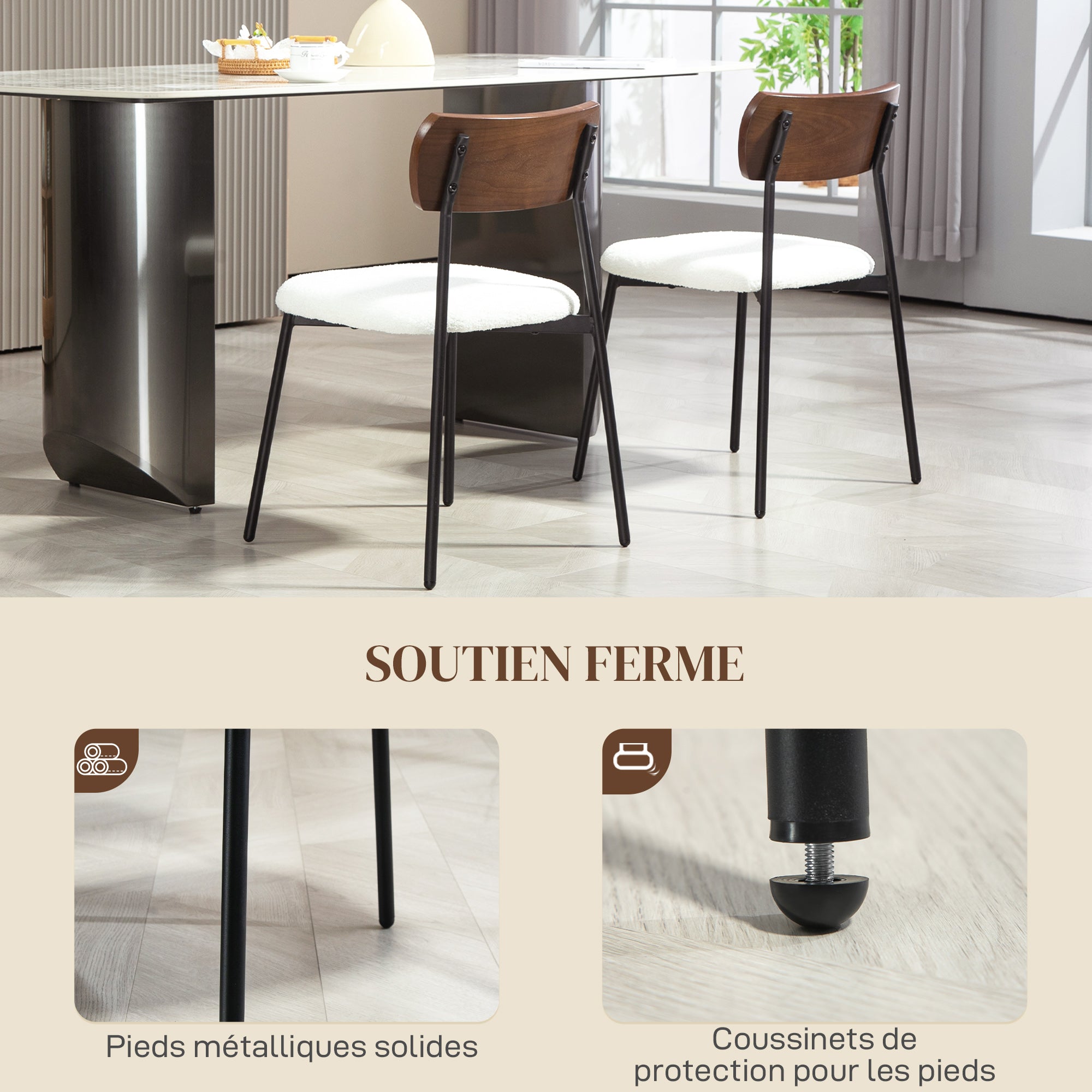 Set of 2 dining chairs vintage kitchen chair upholstered with shaggy seat, curved wood backrest for living room, dining room, bedroom, cream and brown