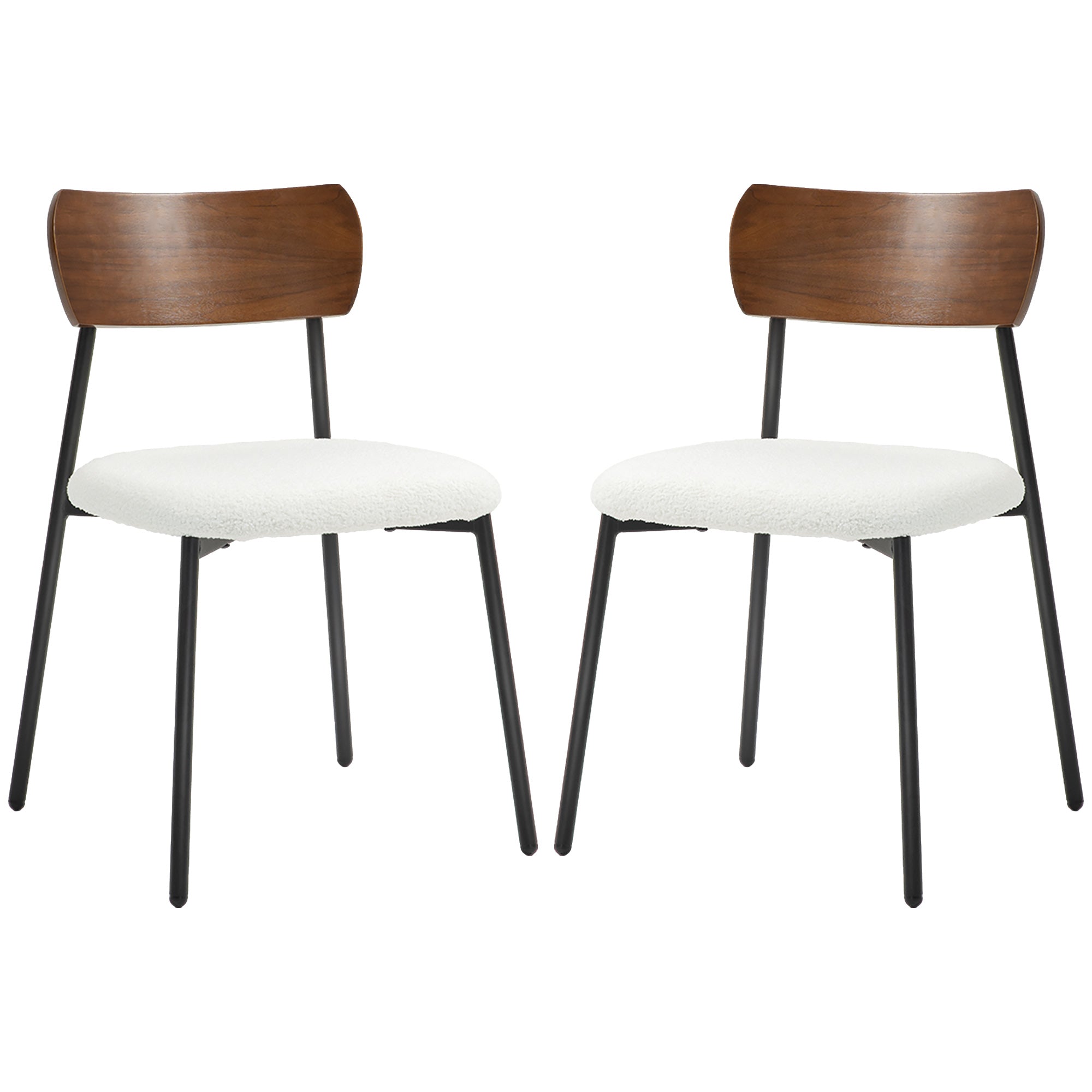 Set of 2 dining chairs vintage kitchen chair upholstered with shaggy seat, curved wood backrest for living room, dining room, bedroom, cream and brown