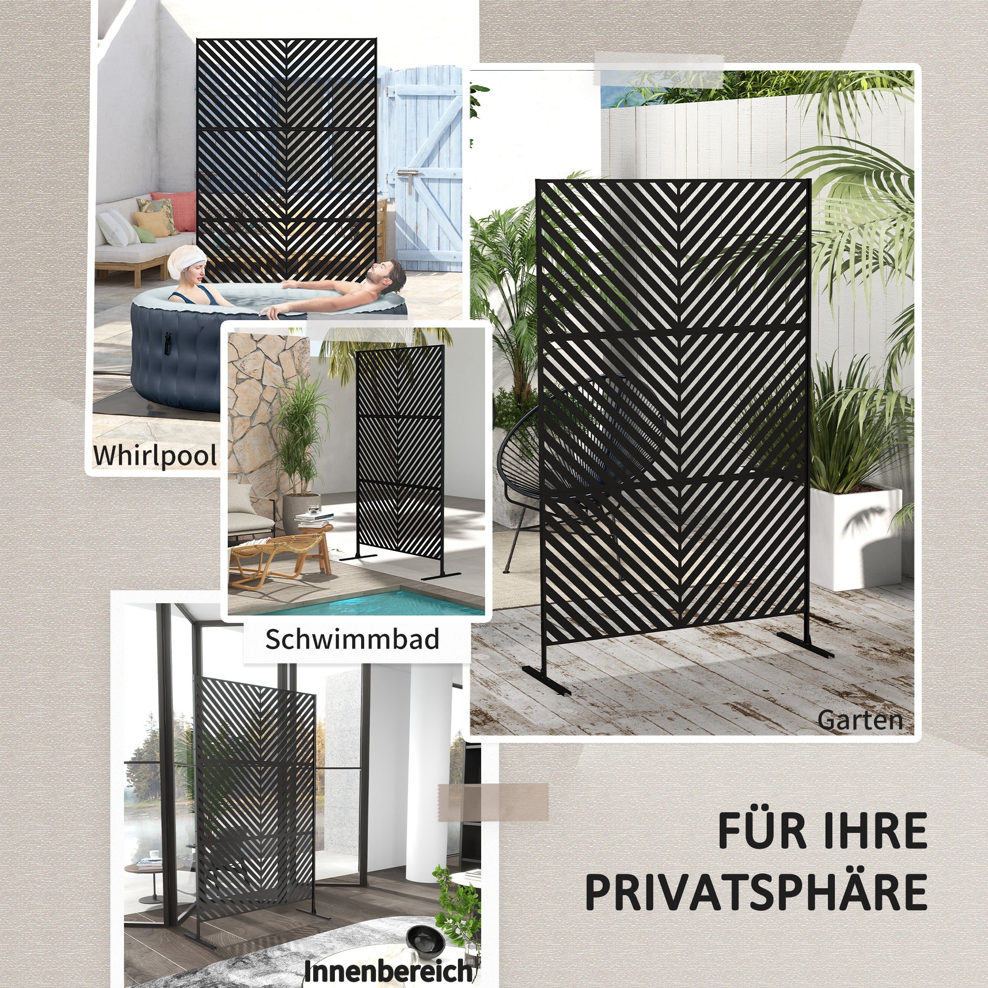 Garden Privacy Screen with Stand, 122 x 198 cm Room Divider with Triangular Pattern, Partition Wall for Balcony, Terrace, Steel, Black