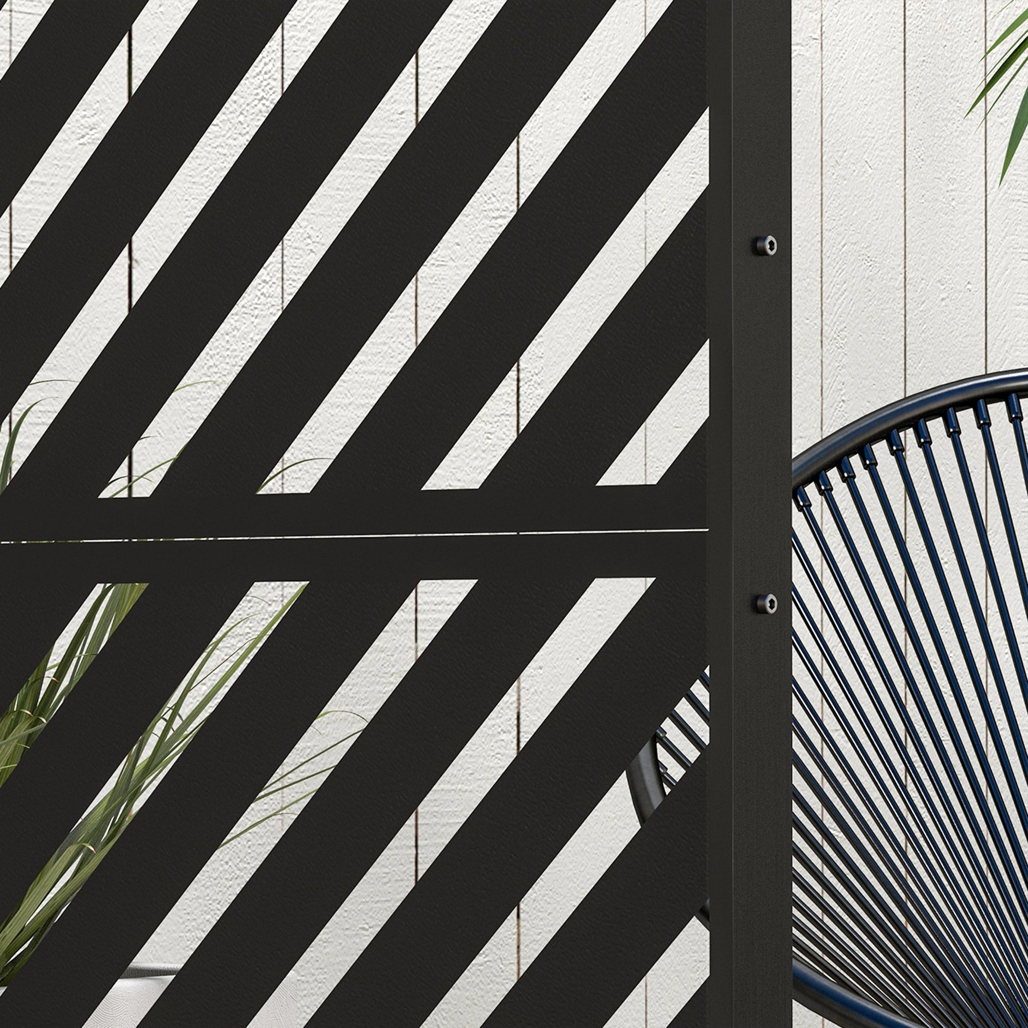 Garden Privacy Screen with Stand, 122 x 198 cm Room Divider with Triangular Pattern, Partition Wall for Balcony, Terrace, Steel, Black