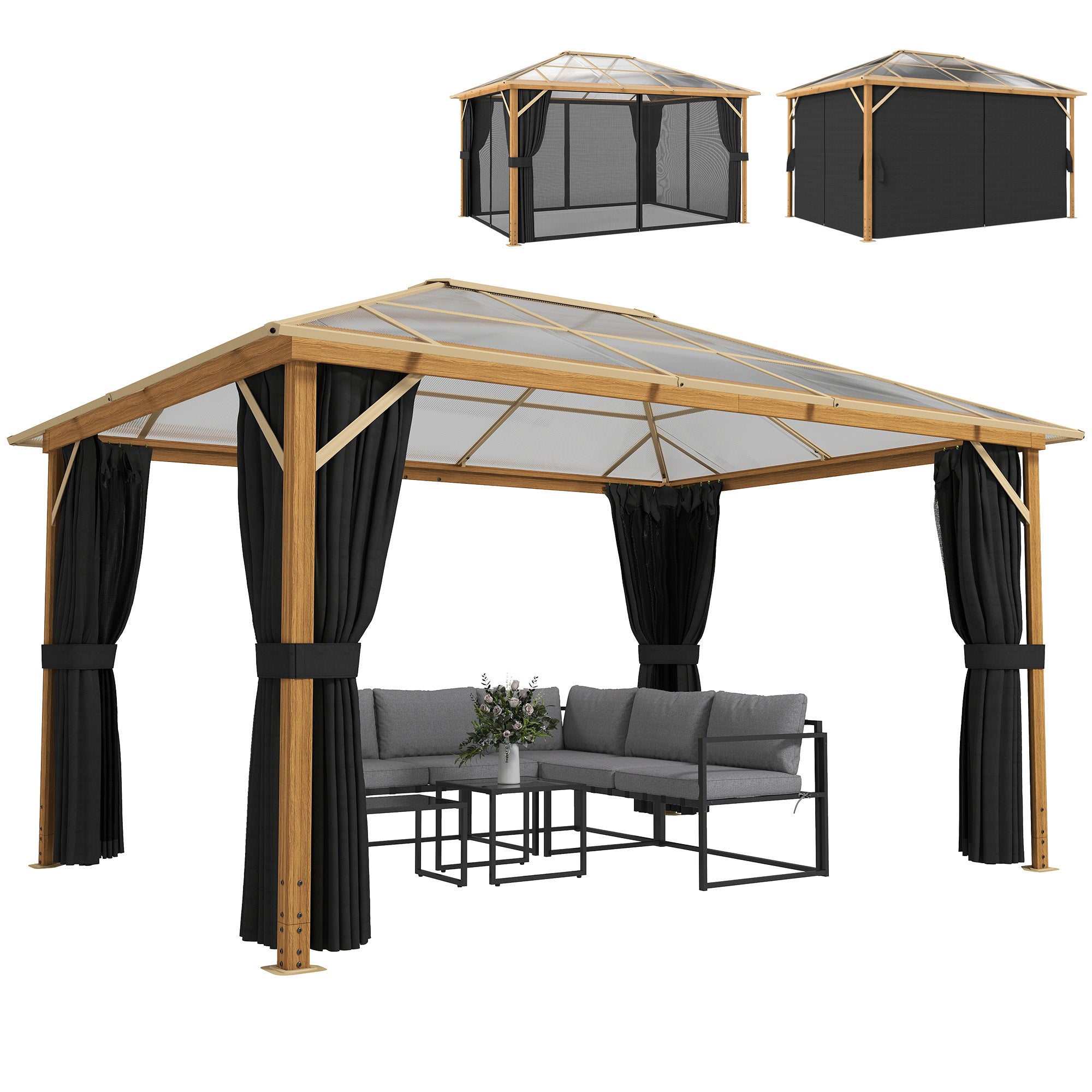4 x 3 m Aluminum Gazebo with 6 mm Polycarbonate Hardtop, Wood-Grain Finish, Mosquito Net & 4 Side Curtains — Winter-Resistant Pergola with Ceiling Hooks (Natural Wood)