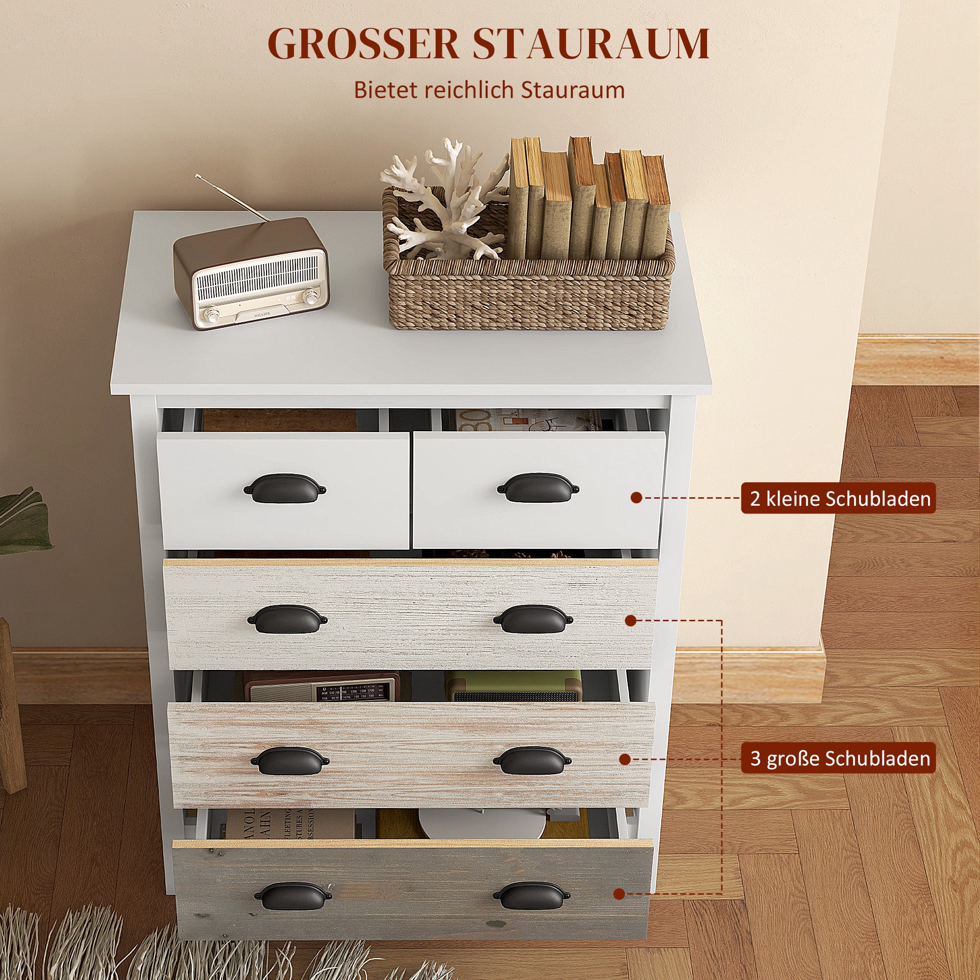 Chest of Drawers Storage Cabinet with 5 Drawers, Drawer Cabinet with Handle, Anti-tilt Protection, for Bedroom, Living Room, White, 70 x 38 x 85 cm