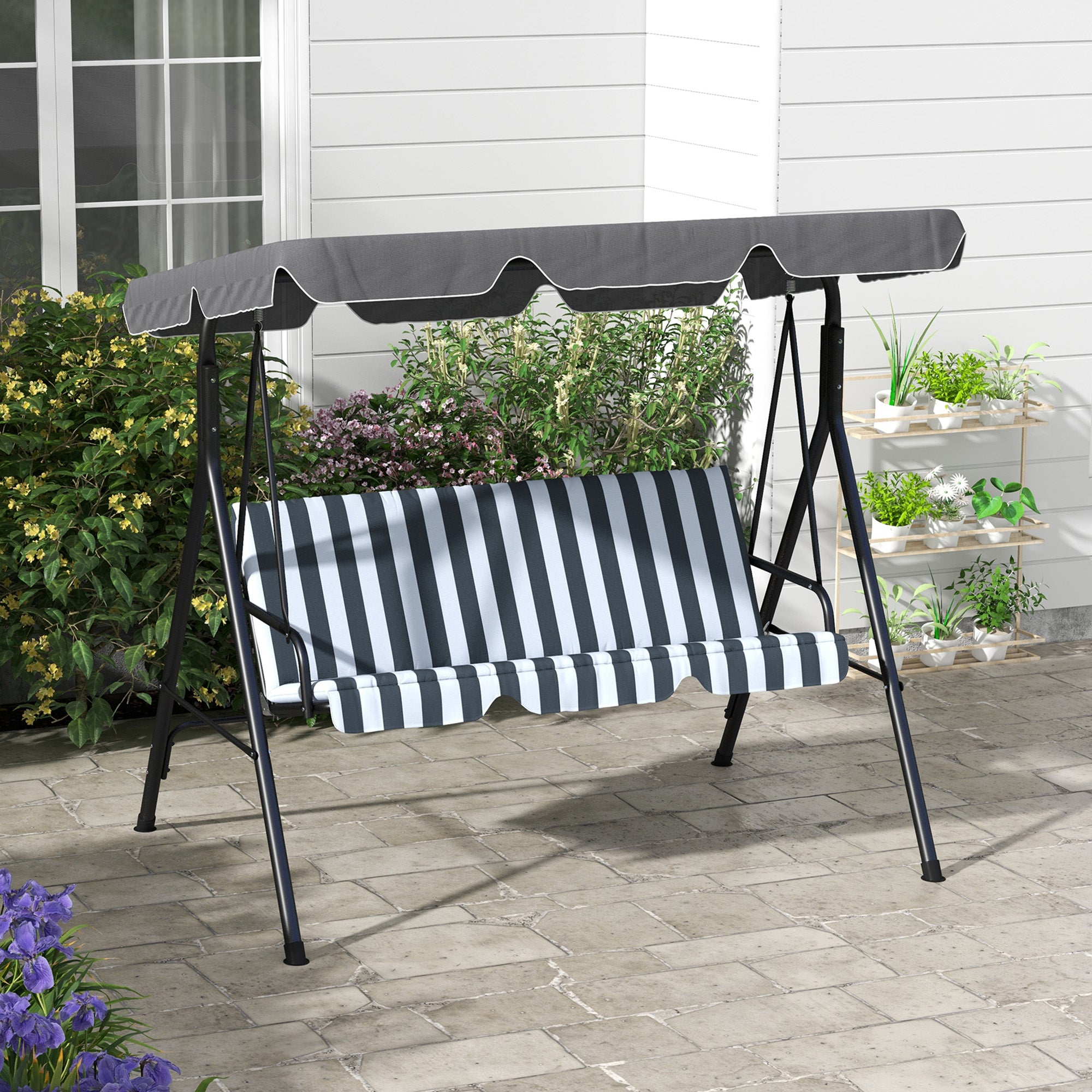 Hollywood Swing with Seat Cushion, 3-Seater Garden Swing with Adjustable Sunroof, Swing Bench supports up to 240 kg, for Garden, Terrace, 172 x 110 x 153 cm, Gray+White