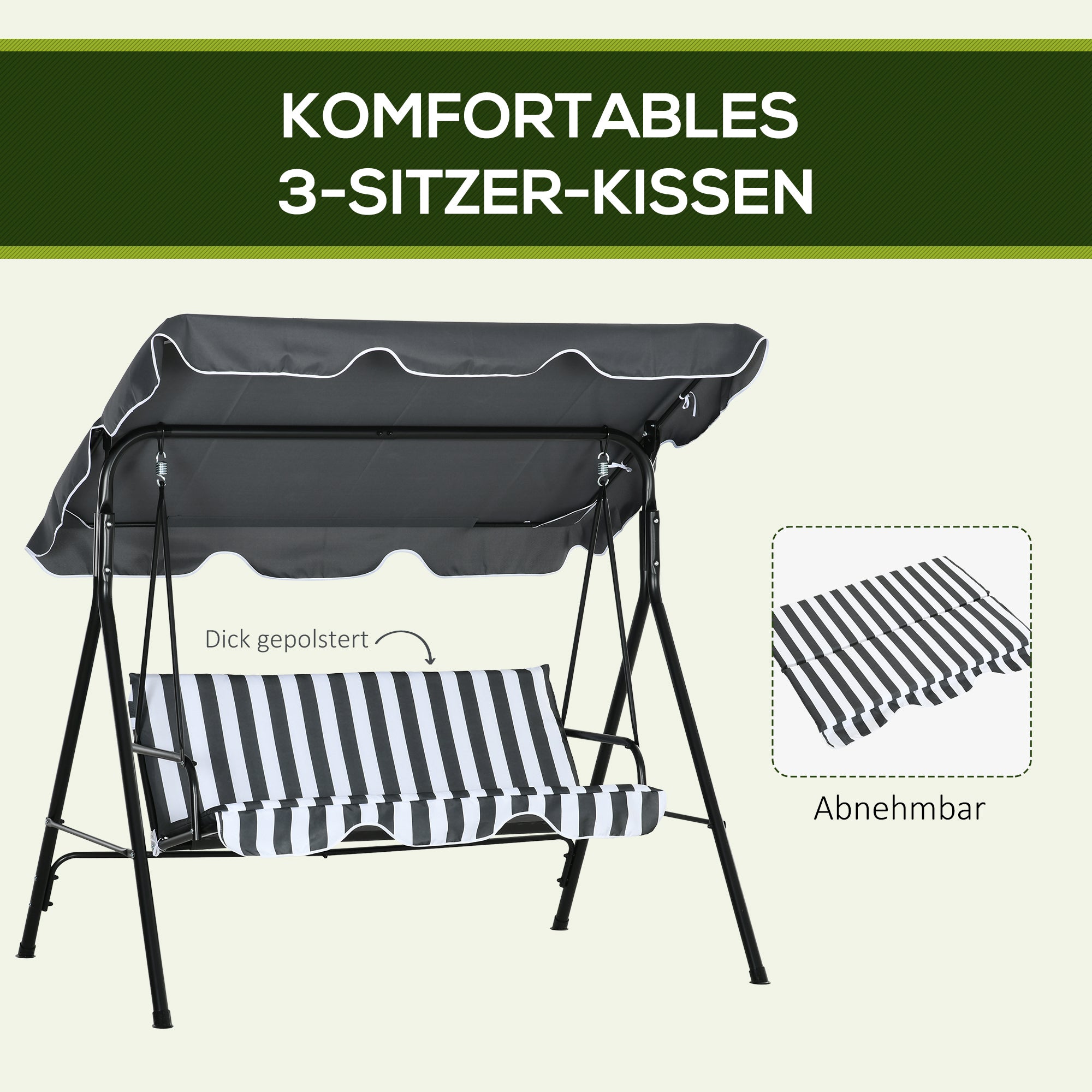 Hollywood Swing with Seat Cushion, 3-Seater Garden Swing with Adjustable Sunroof, Swing Bench supports up to 240 kg, for Garden, Terrace, 172 x 110 x 153 cm, Gray+White