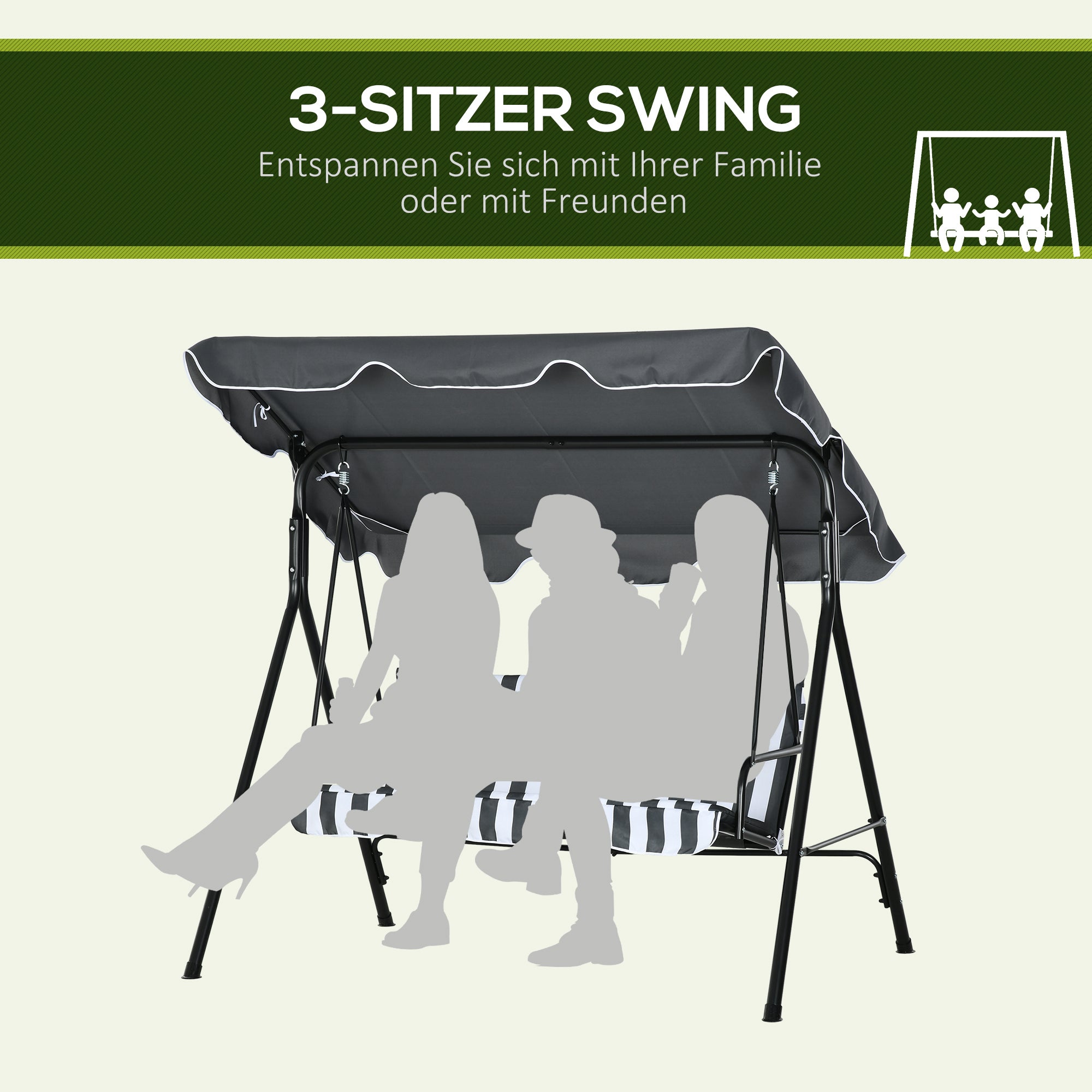 Hollywood Swing with Seat Cushion, 3-Seater Garden Swing with Adjustable Sunroof, Swing Bench supports up to 240 kg, for Garden, Terrace, 172 x 110 x 153 cm, Gray+White