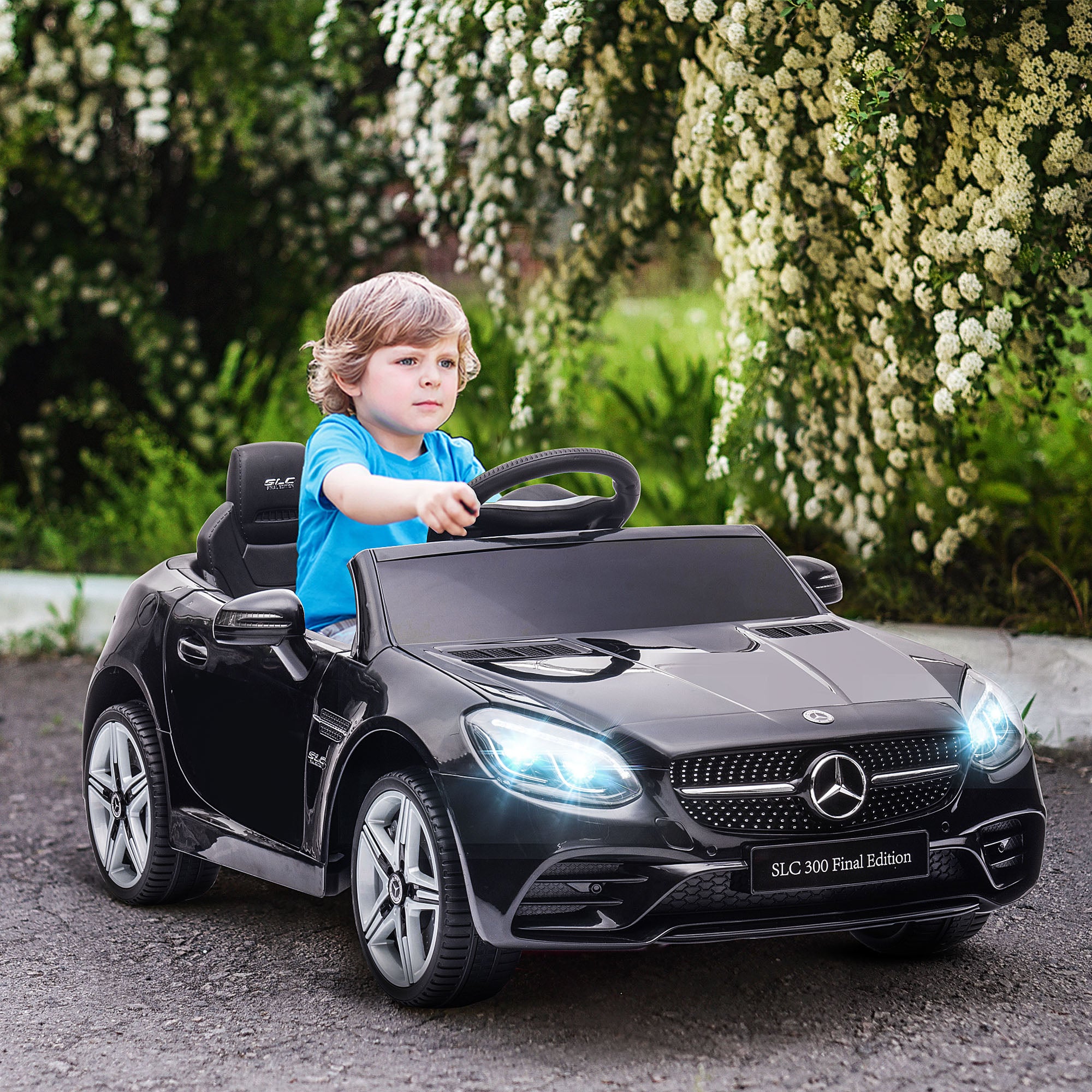 12 V Kids Electric Car, Children's Vehicle with 2.4G Remote Control, Electric Vehicle with LED Headlights, Seatbelt, Horn, Music, Mercedes SLC 300 Kids Car for Kids from 3 Years, Black