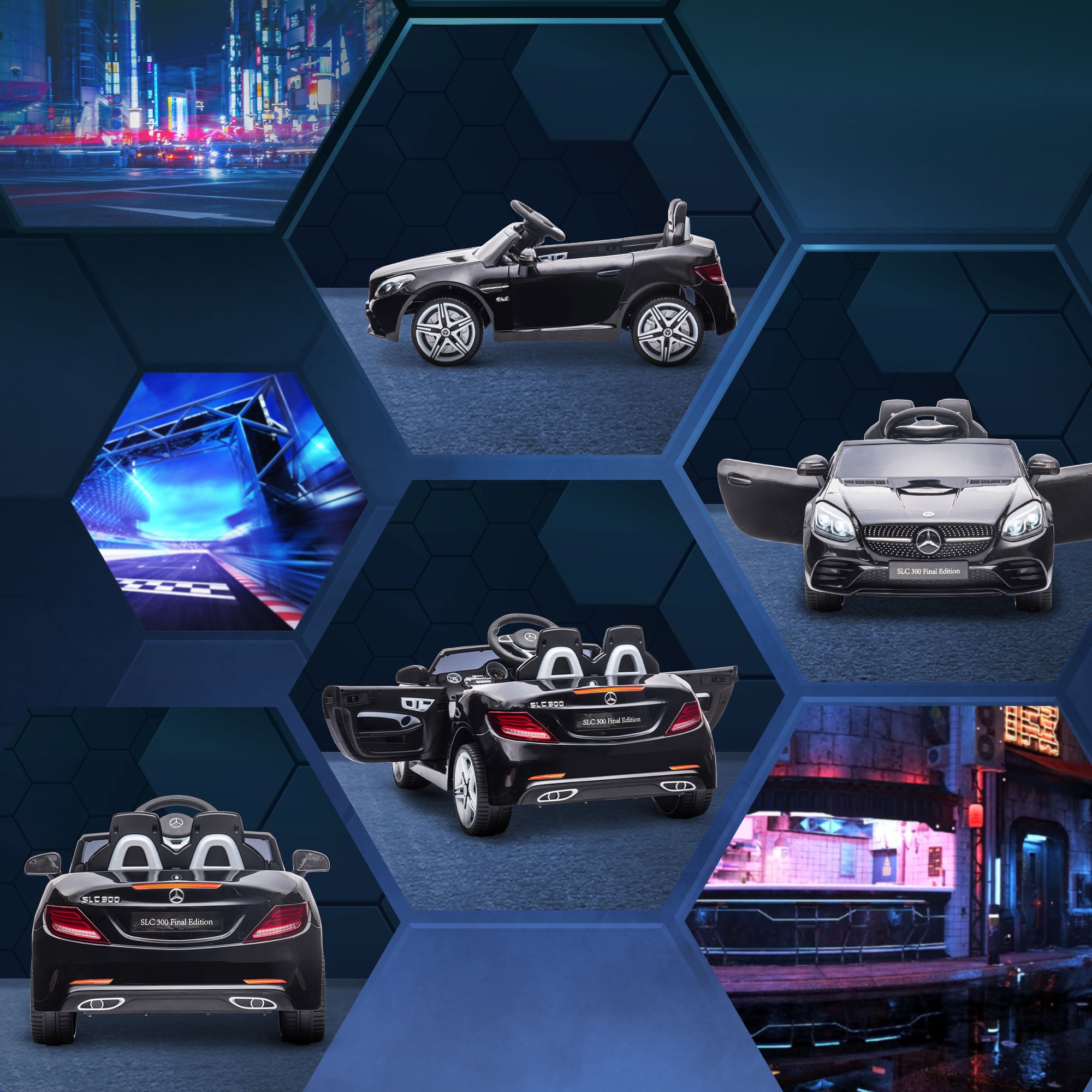 12 V Kids Electric Car, Children's Vehicle with 2.4G Remote Control, Electric Vehicle with LED Headlights, Seatbelt, Horn, Music, Mercedes SLC 300 Kids Car for Kids from 3 Years, Black