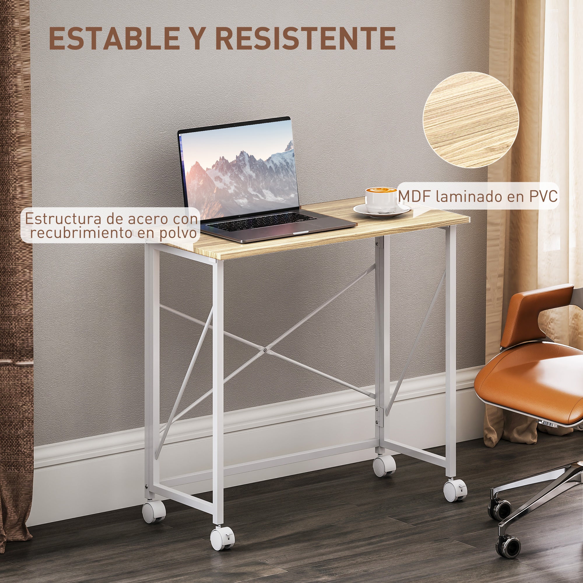 Folding Desk with Wheels Compact Computer Desk Laptop Table for Home Office Small Spaces 80x40x75 cm Natural