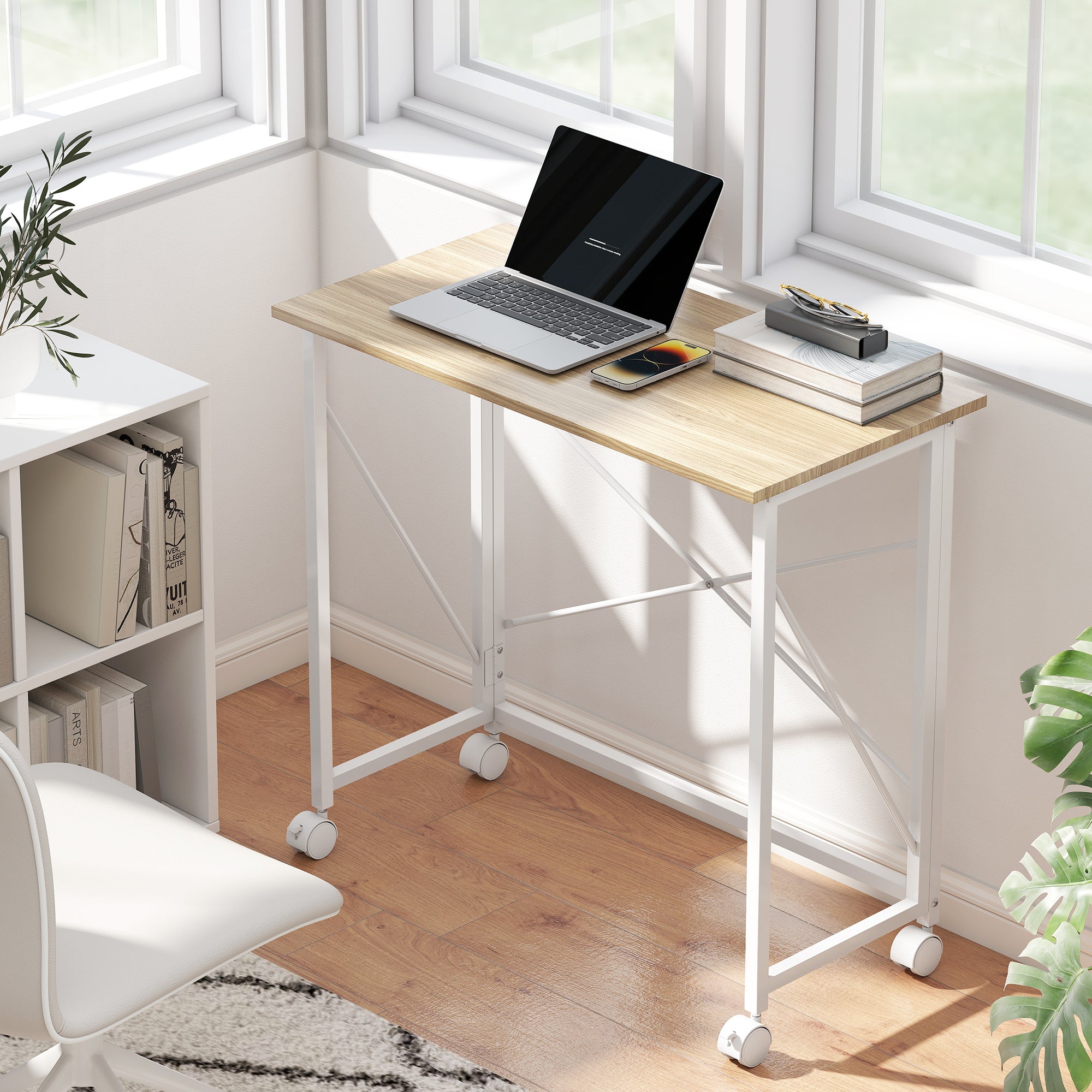 Folding Desk with Wheels Compact Computer Desk Laptop Table for Home Office Small Spaces 80x40x75 cm Natural