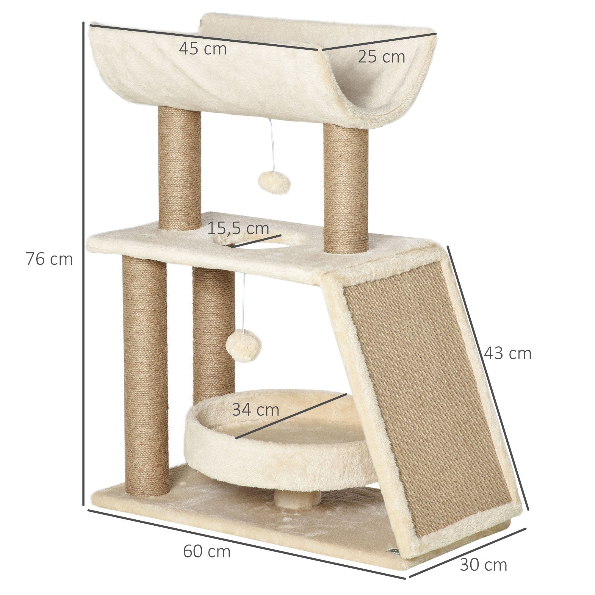 Cat Tree 76 cm Cat Tower with 2 Play Balls, Sisal Posts, Bed, Scratching Board, Multi-Level Cat Scratching Tree, Climbing Tree, for Medium-Sized Cats, Light Brown