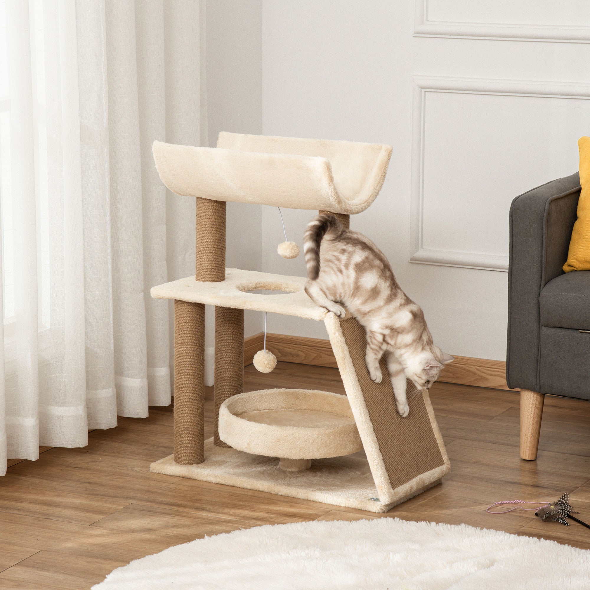 Cat Tree 76 cm Cat Tower with 2 Play Balls, Sisal Posts, Bed, Scratching Board, Multi-Level Cat Scratching Tree, Climbing Tree, for Medium-Sized Cats, Light Brown