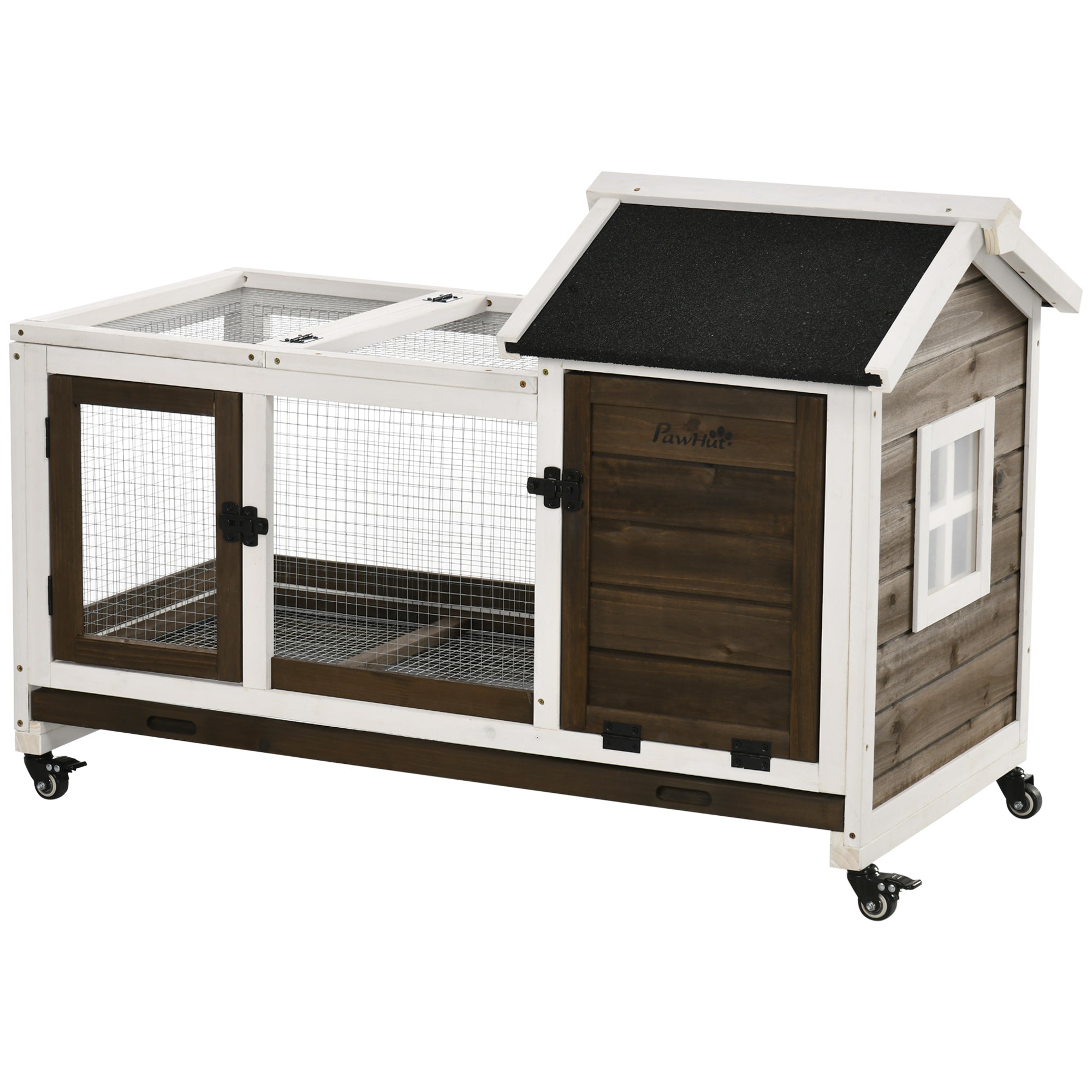 Wooden Rabbit Hutch with Wheels - Rabbit Cage with Flip-Top Roof and Removable Tray - Indoor and Outdoor Rabbit Hutch 108x58x73.5 cm Brown