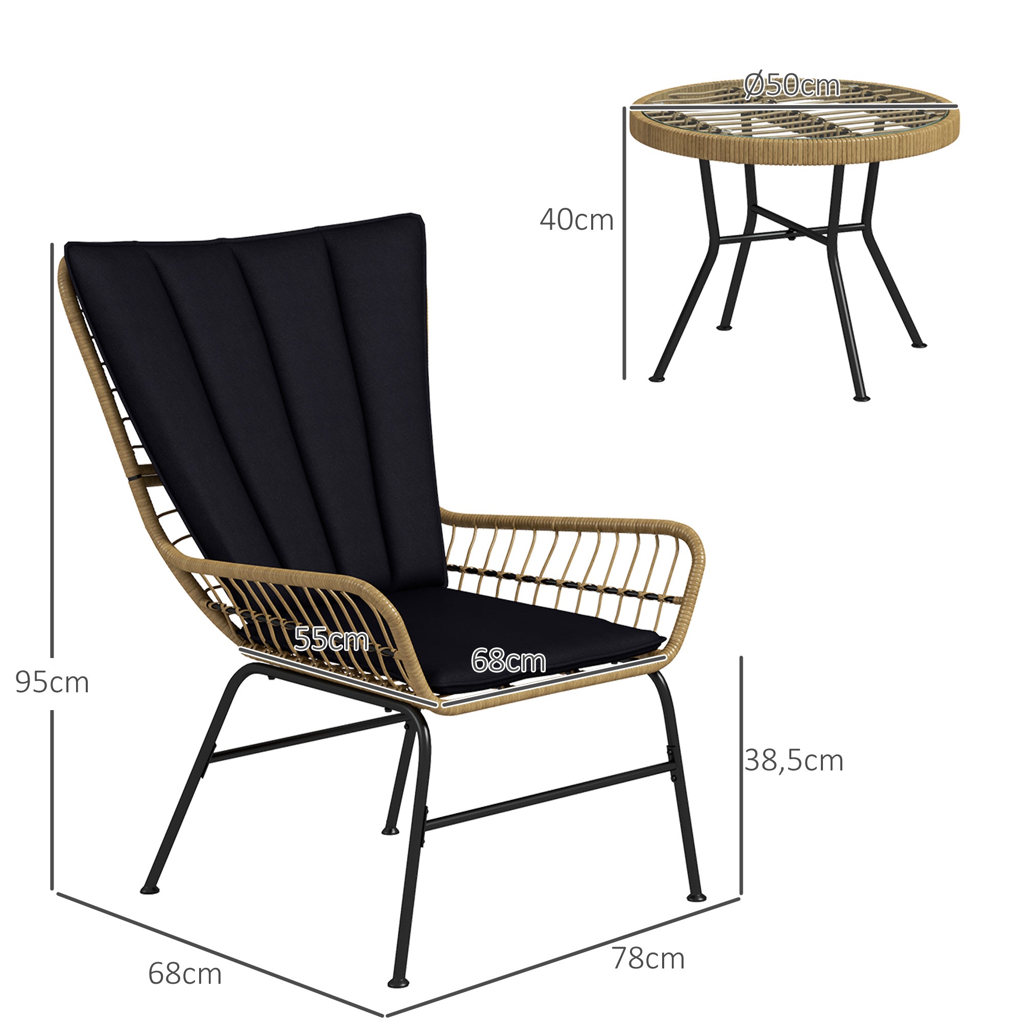 3-Piece Rattan Seating Group, Garden Set, Patio Furniture Set with 2 Chairs, Side Table with Tempered Glass Top, Cushions, for Balcony, Terrace, Natural+Black
