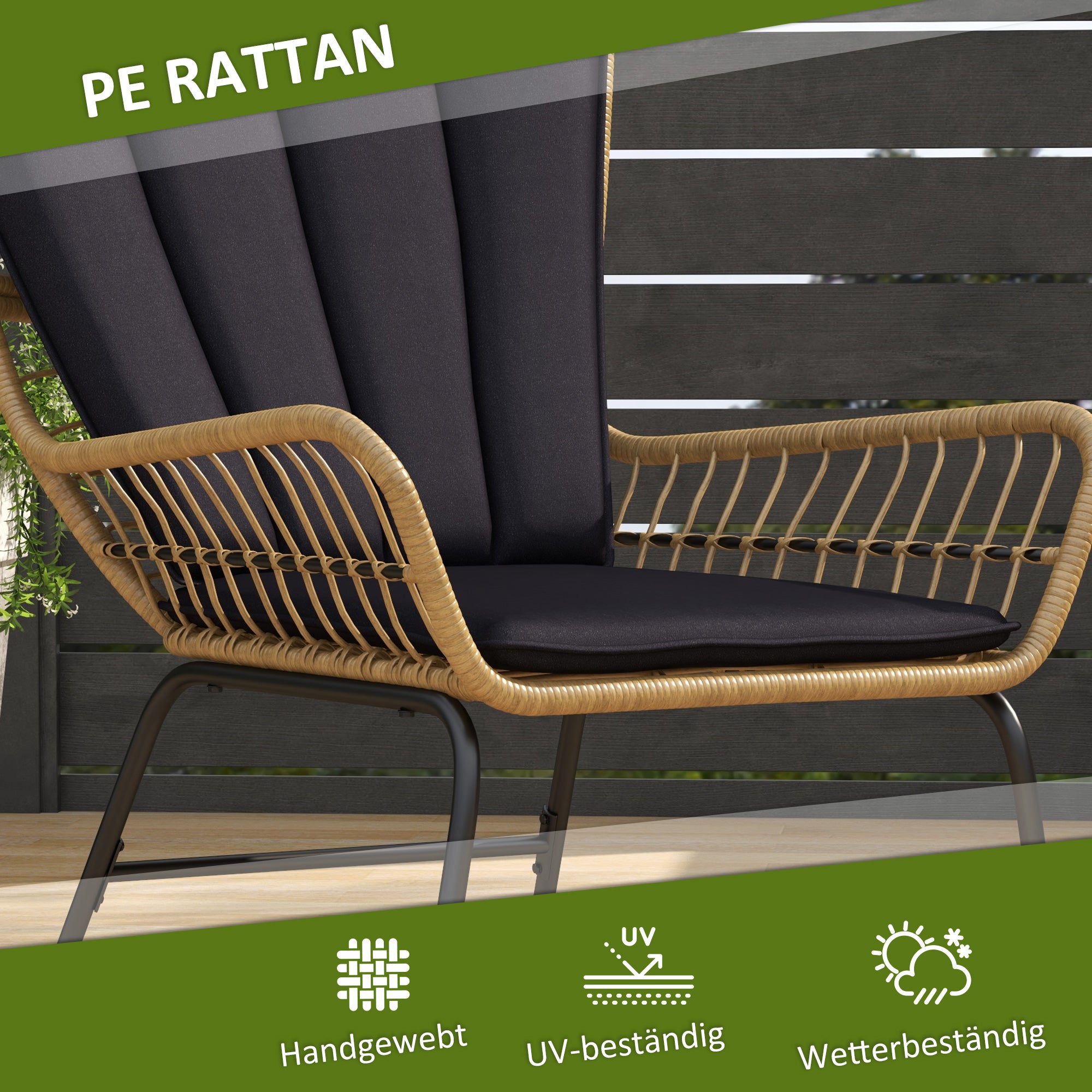 3-Piece Rattan Seating Group, Garden Set, Patio Furniture Set with 2 Chairs, Side Table with Tempered Glass Top, Cushions, for Balcony, Terrace, Natural+Black