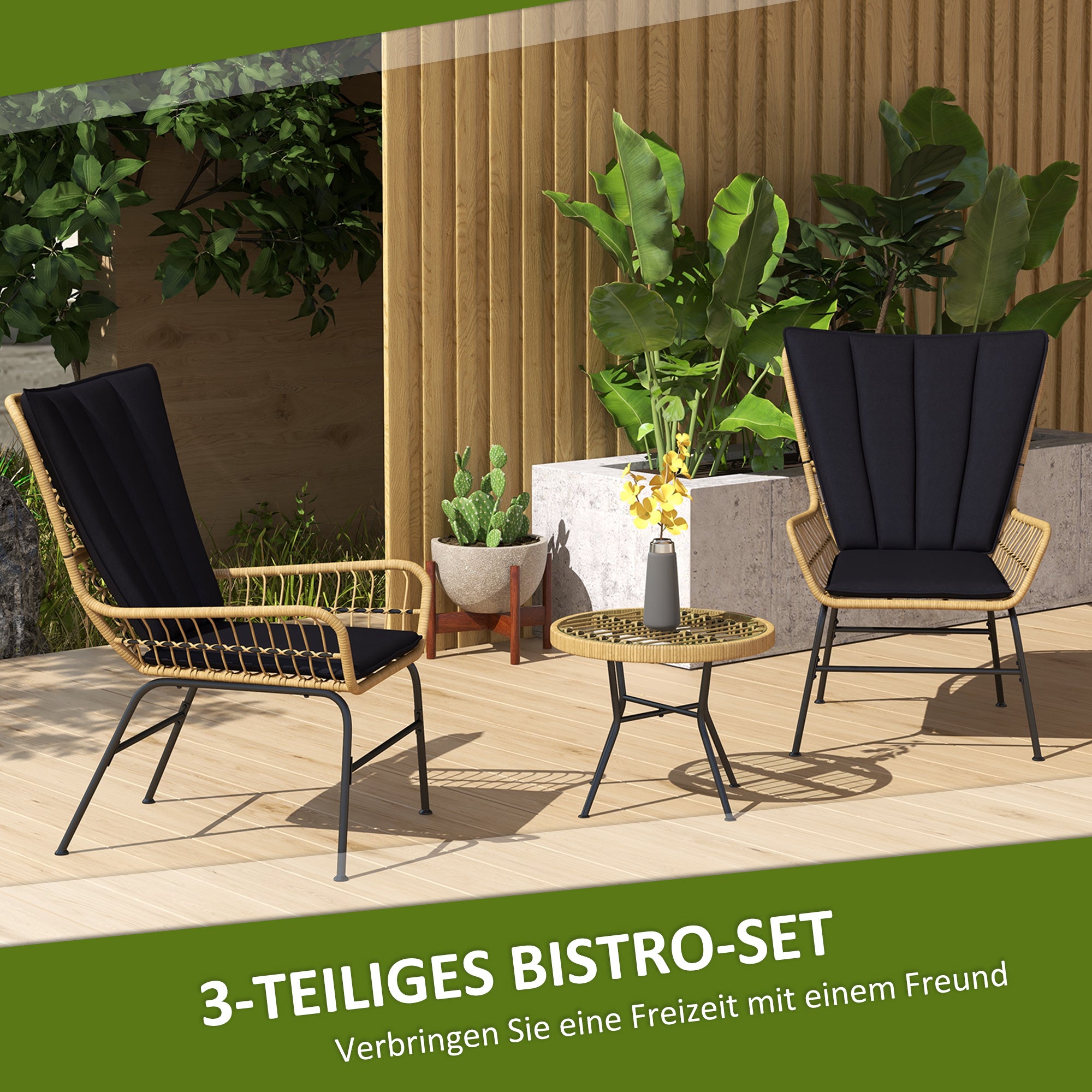 3-Piece Rattan Seating Group, Garden Set, Patio Furniture Set with 2 Chairs, Side Table with Tempered Glass Top, Cushions, for Balcony, Terrace, Natural+Black