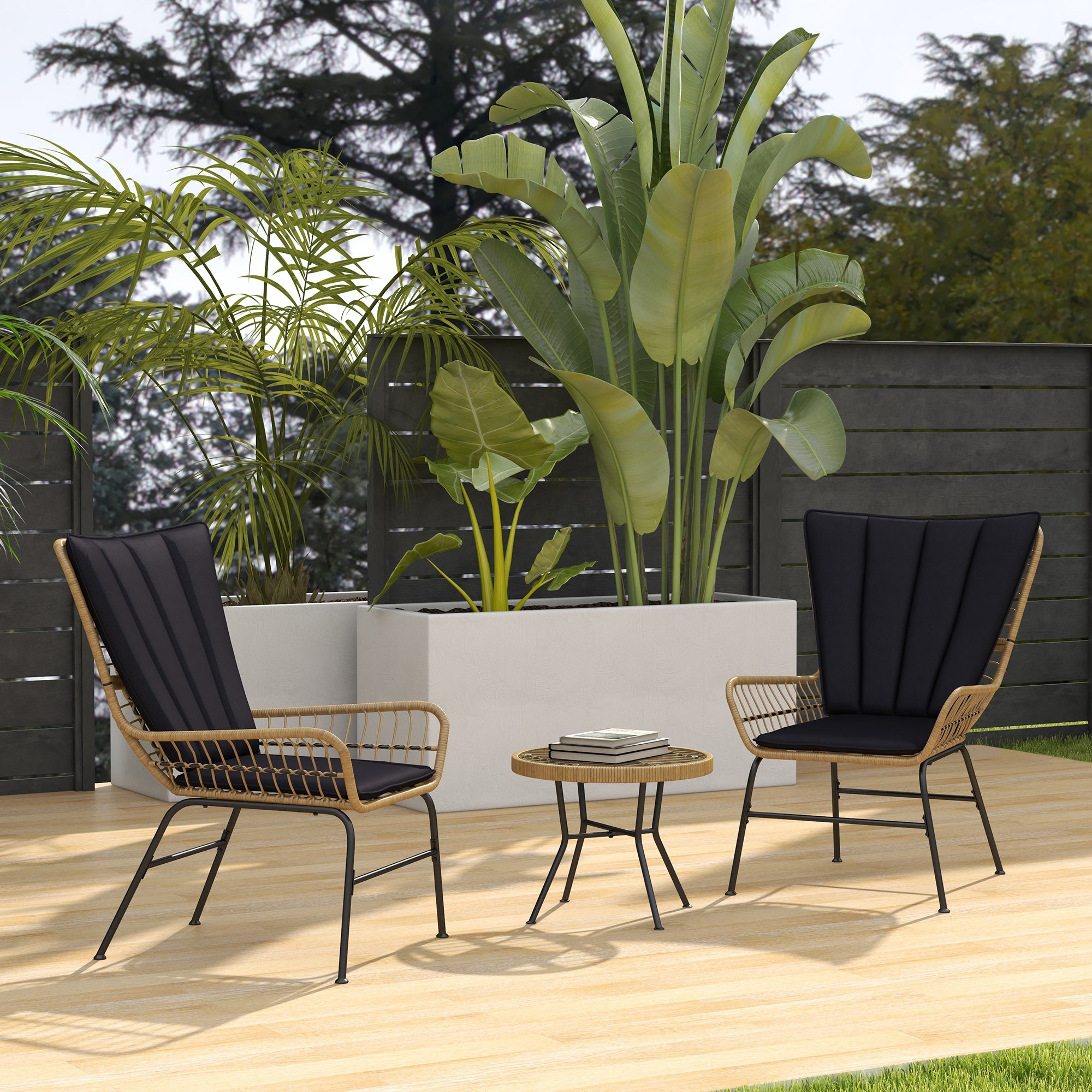 3-Piece Rattan Seating Group, Garden Set, Patio Furniture Set with 2 Chairs, Side Table with Tempered Glass Top, Cushions, for Balcony, Terrace, Natural+Black