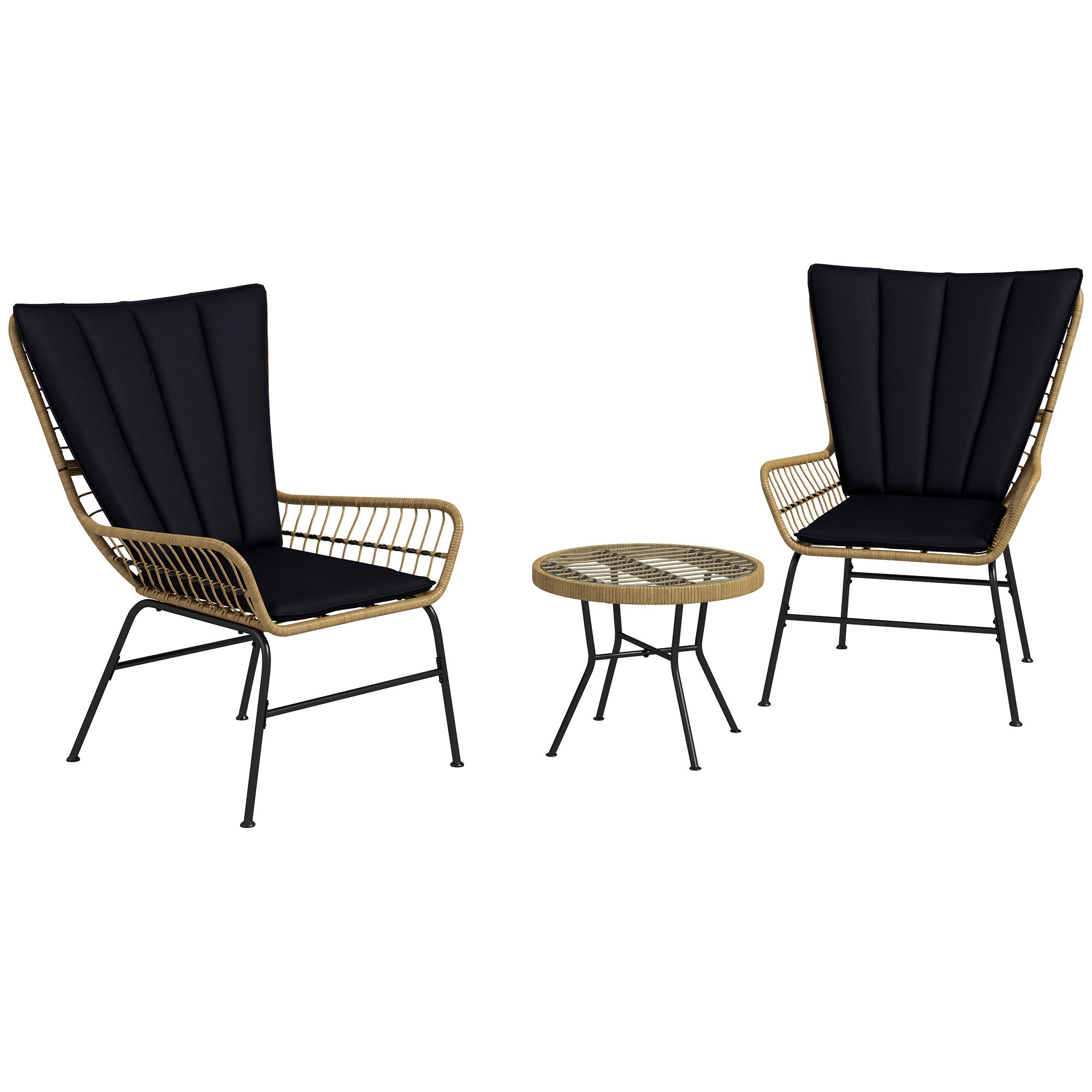 3-Piece Rattan Seating Group, Garden Set, Patio Furniture Set with 2 Chairs, Side Table with Tempered Glass Top, Cushions, for Balcony, Terrace, Natural+Black