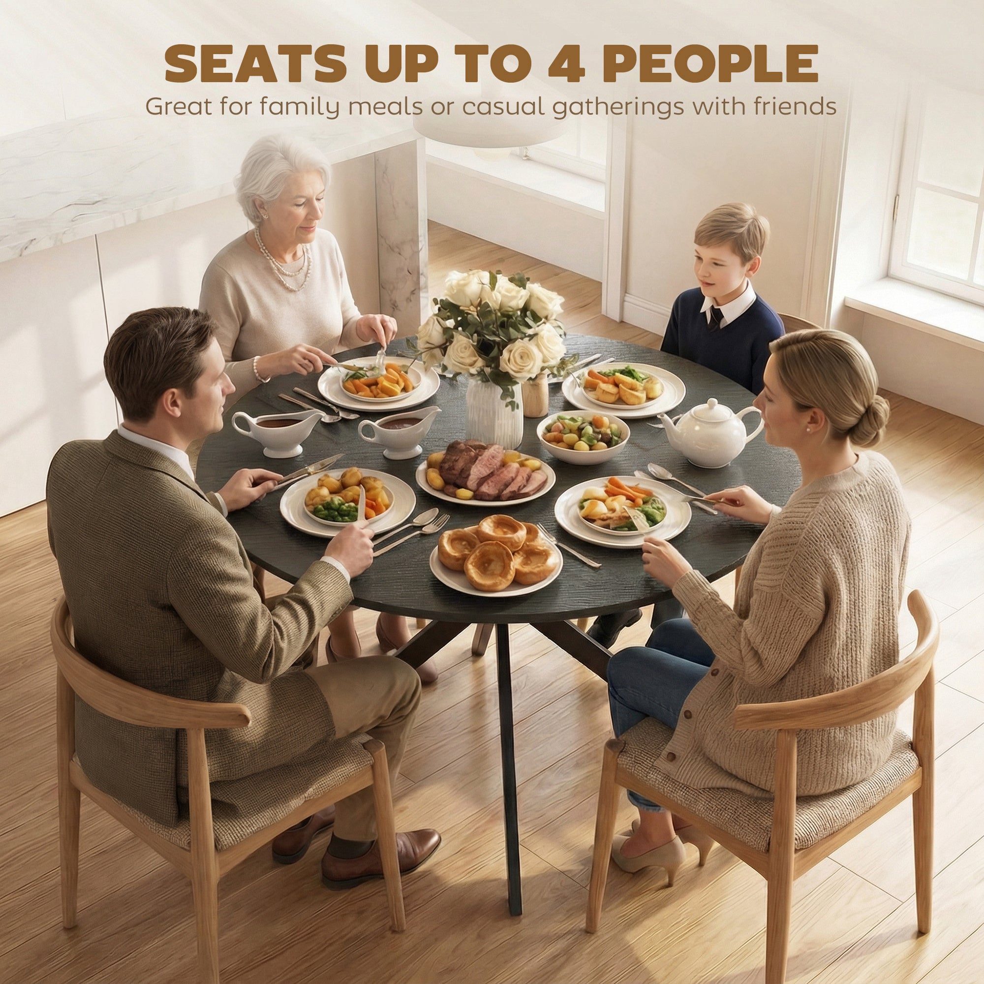 Round Dining Table for 4, 39.4 in Ø Industrial Style with Steel Legs for Dining Room, Kitchen, Home Office, Black