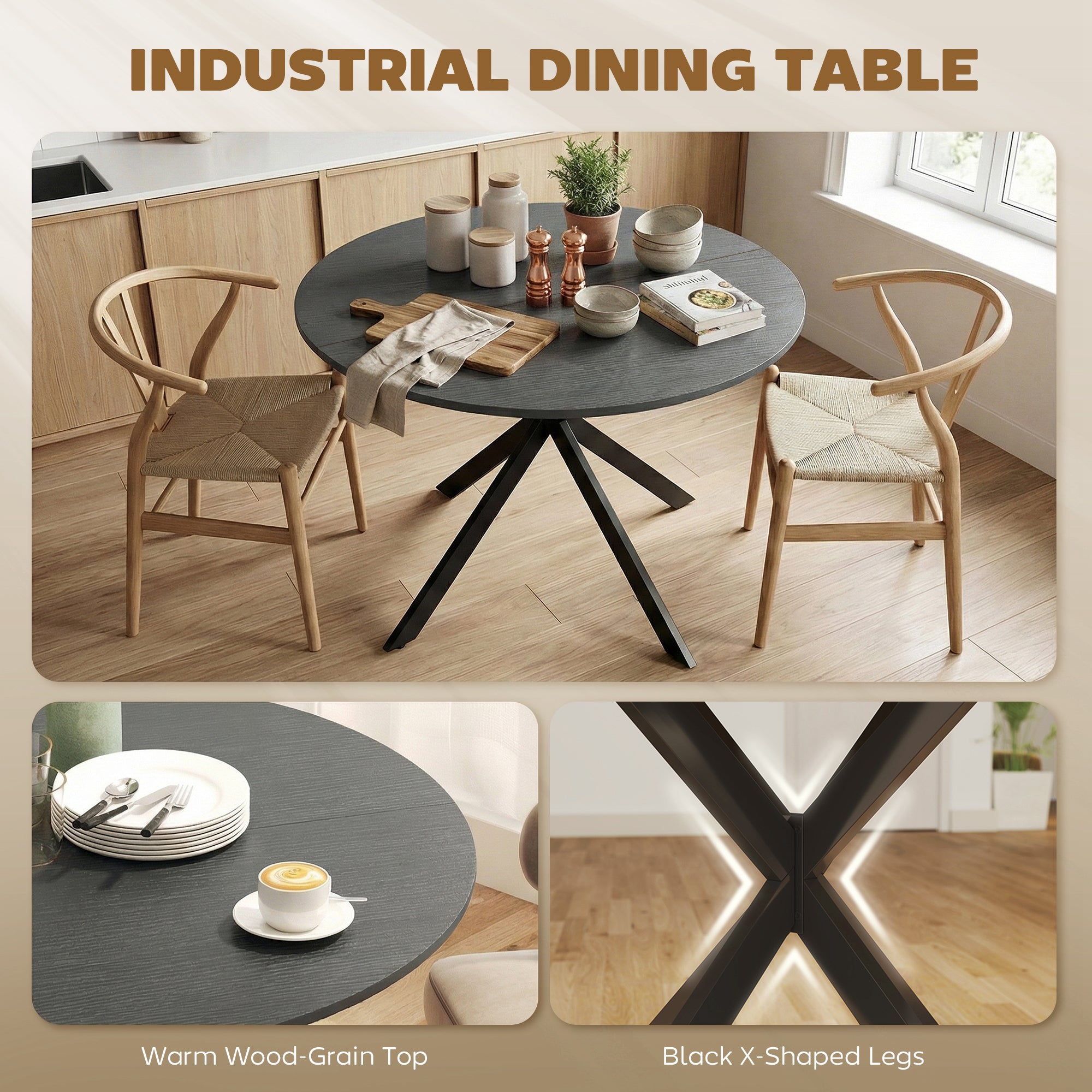Round Dining Table for 4, 39.4 in Ø Industrial Style with Steel Legs for Dining Room, Kitchen, Home Office, Black