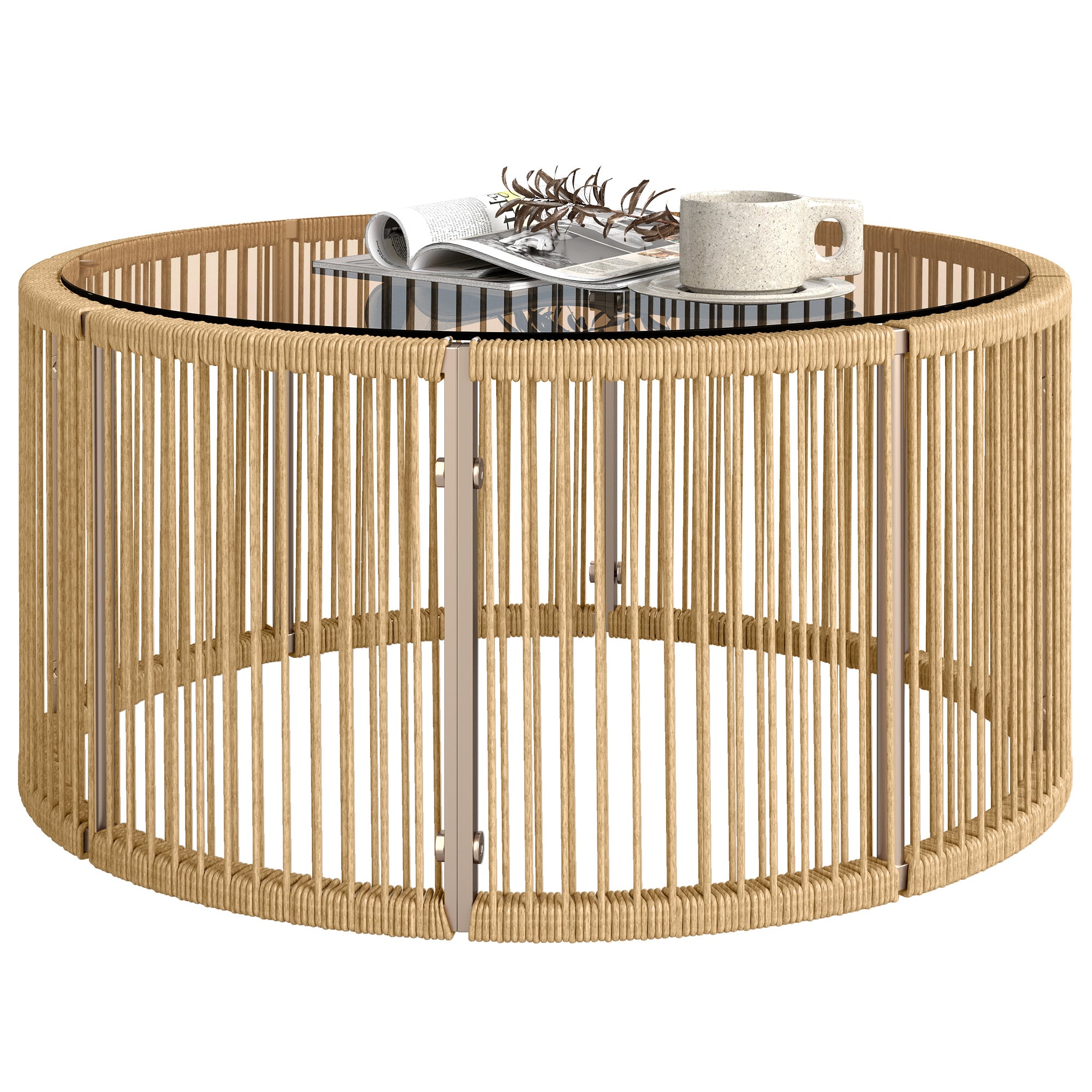 Polyrattan Side Table – Coffee Table with Tempered Glass Top, Powder-Coated Steel Frame for Garden, Terrace, Balcony, 27.6 x 27.6 x 13 in (70 x 70 x 33 cm), Brown