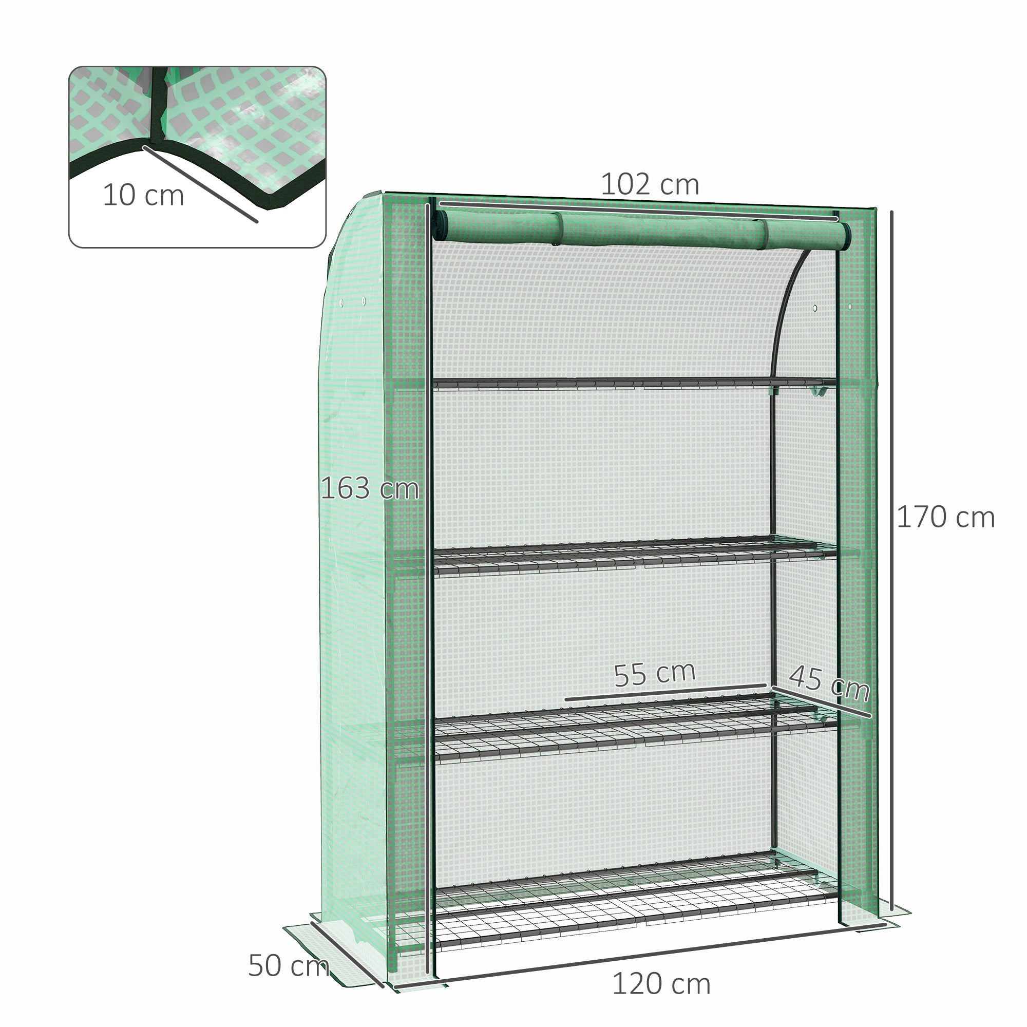 Garden Greenhouse PE with 4 Levels Shelves, Balcony Greenhouse, Reinforced 135 g/m² Cover, Steel Frame, Roll-Up Zippered Door, for Vegetables Plants Flowers, 120 x 50 x 170 cm, Green
