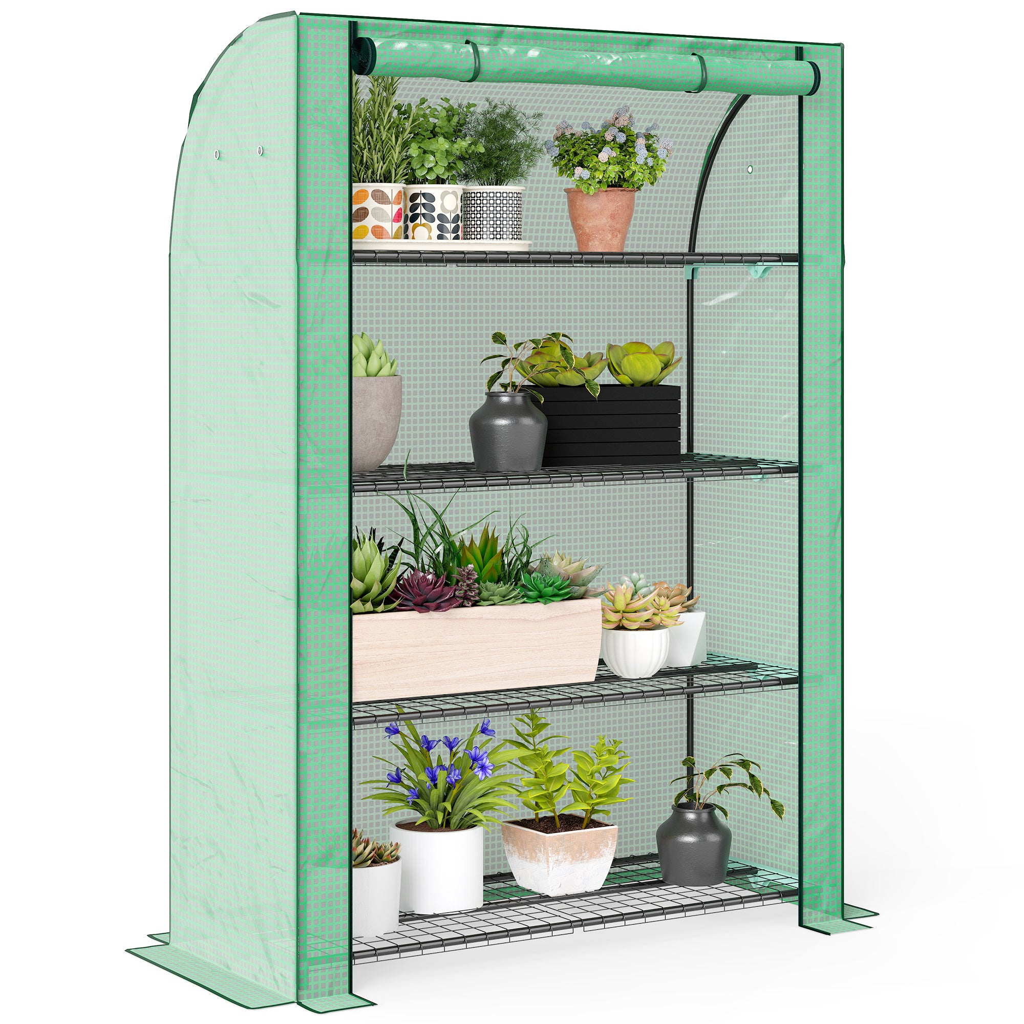 Garden Greenhouse PE with 4 Levels Shelves, Balcony Greenhouse, Reinforced 135 g/m² Cover, Steel Frame, Roll-Up Zippered Door, for Vegetables Plants Flowers, 120 x 50 x 170 cm, Green