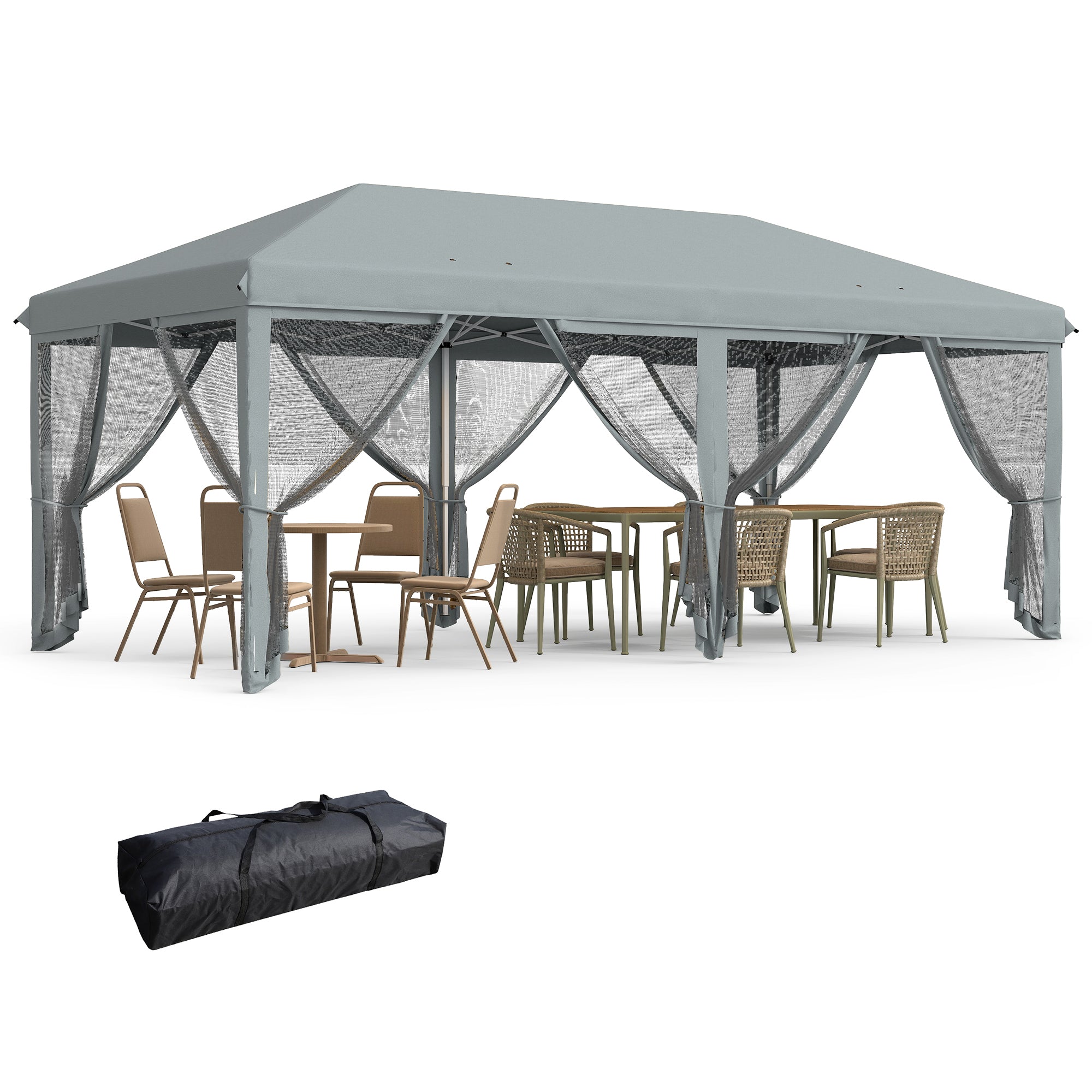 Pop-Up Folding Gazebo 6x3 m with 6 Anti-UV Mesh Sidewalls and Carrying Bag for Camping Parties Gray