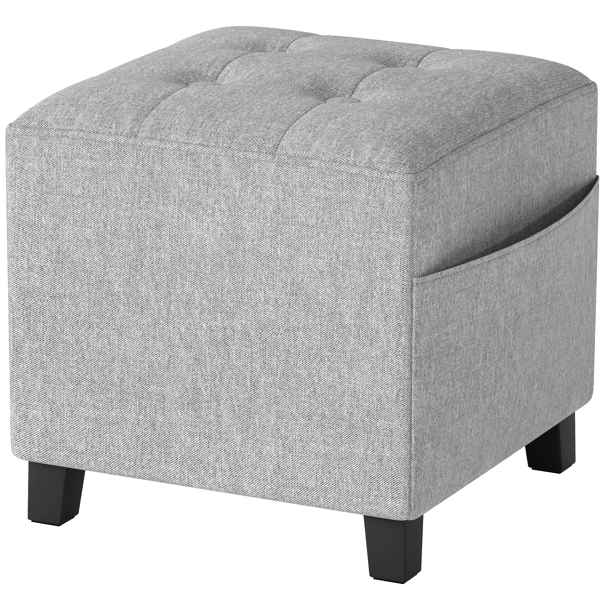 Square Ottoman with Side Pocket, Padded Seat, Rubberwood Legs, Linen-Look Fabric, 13.8 in, Light Gray