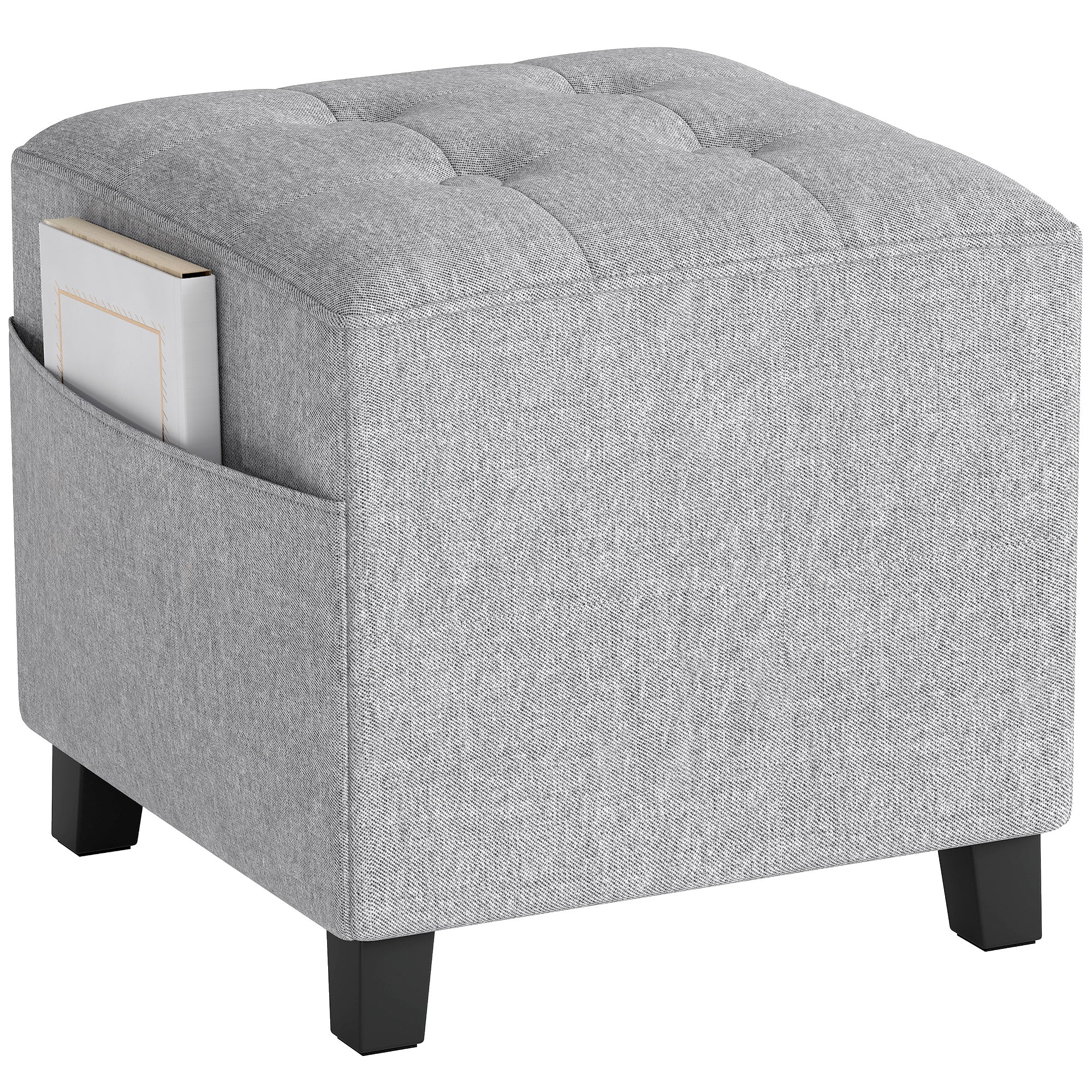Square Ottoman with Side Pocket, Padded Seat, Rubberwood Legs, Linen-Look Fabric, 13.8 in, Light Gray