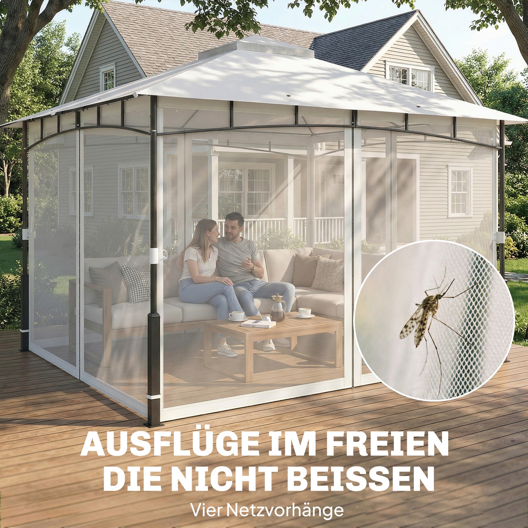 Gazebo 3.6 x 3.0 m (11 ft 9.7 in x 9 ft 10.1 in) — Water-Resistant Metal Garden Pavilion with Mosquito Net, Double Roof, Wood-Effect Posts, Black