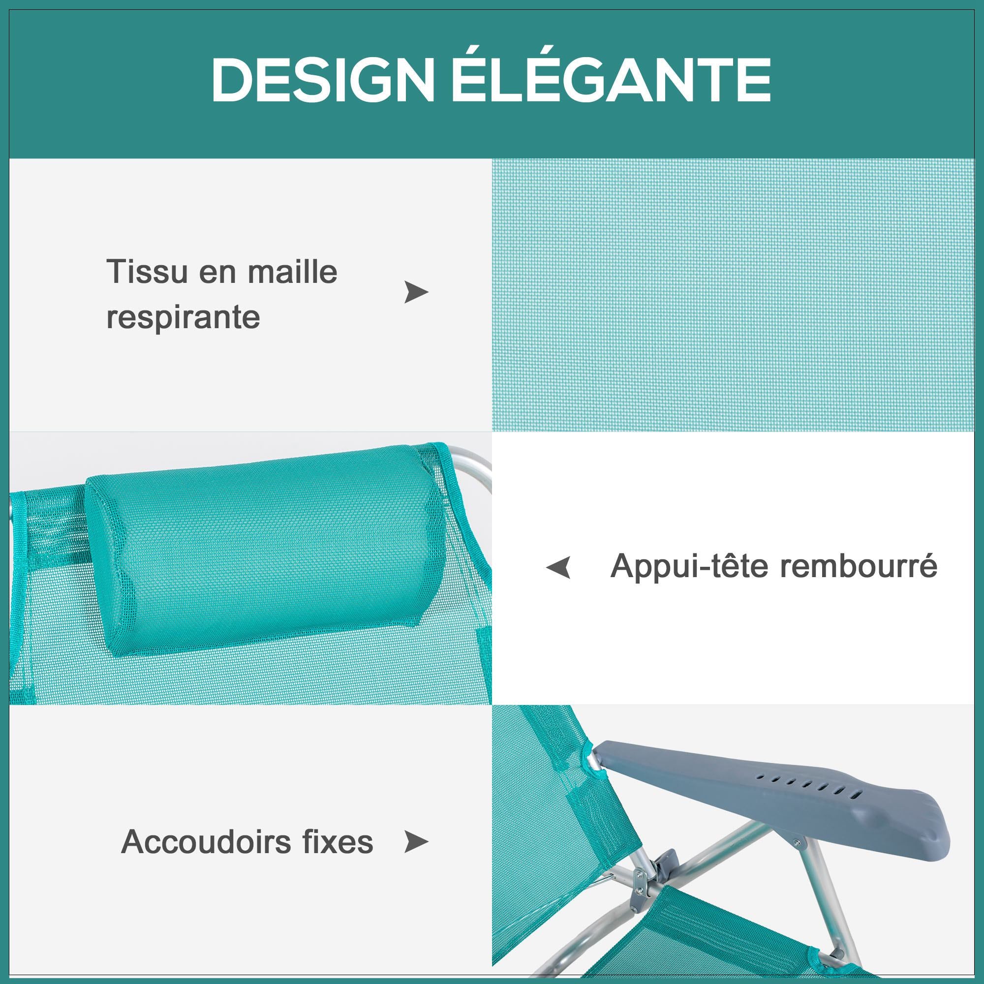 Set of 2 folding garden chairs portable fishing chair camping chair adjustable 6-level reclining backrest - aluminum dim. 62L x 65W x 80H cm cyan