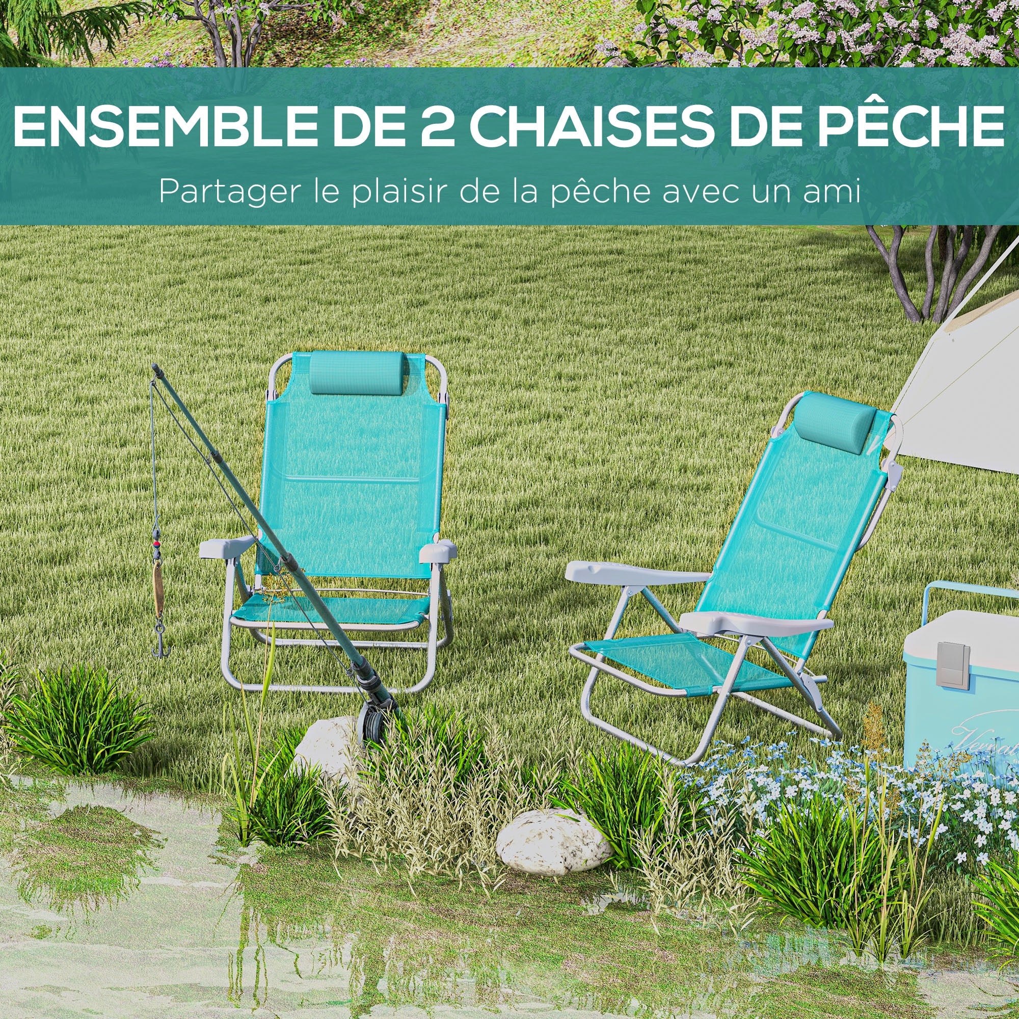 Set of 2 folding garden chairs portable fishing chair camping chair adjustable 6-level reclining backrest - aluminum dim. 62L x 65W x 80H cm cyan